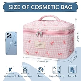 Large Makeup Bag, Cute Cosmetic Bag for Women Girls, Floral Coquette Aesthetic Toiletry Bag, Travel Make Up Organizer Bag (Pink Plaid Butterfly Flower