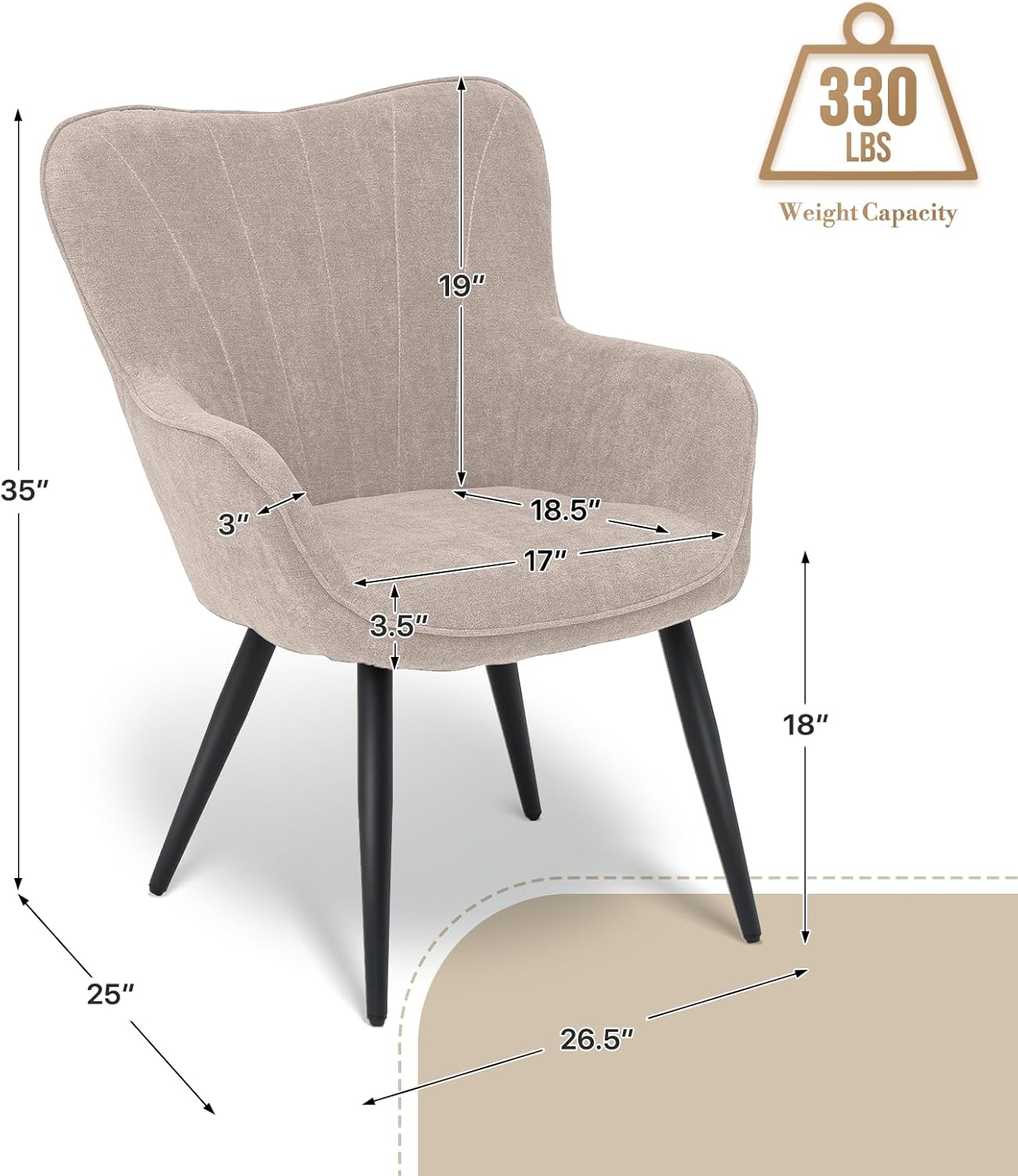 Athena Collection Wingback Accent Chair for Living Room, Upholstered Arm Reading Chair for Adults, Cozy Linen Fabric Armchair with Metal Legs for Bedroom, Makeup, Office, Beige