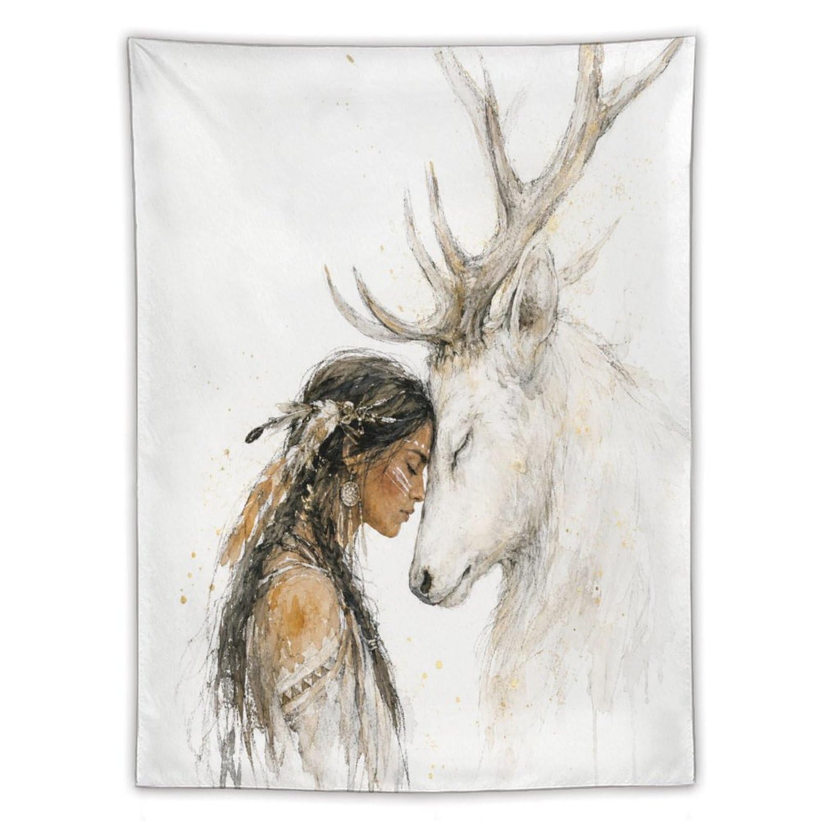 W7C8U2X3 Native Woman with White Deer Wall Tapestry, Spiritual Wildlife