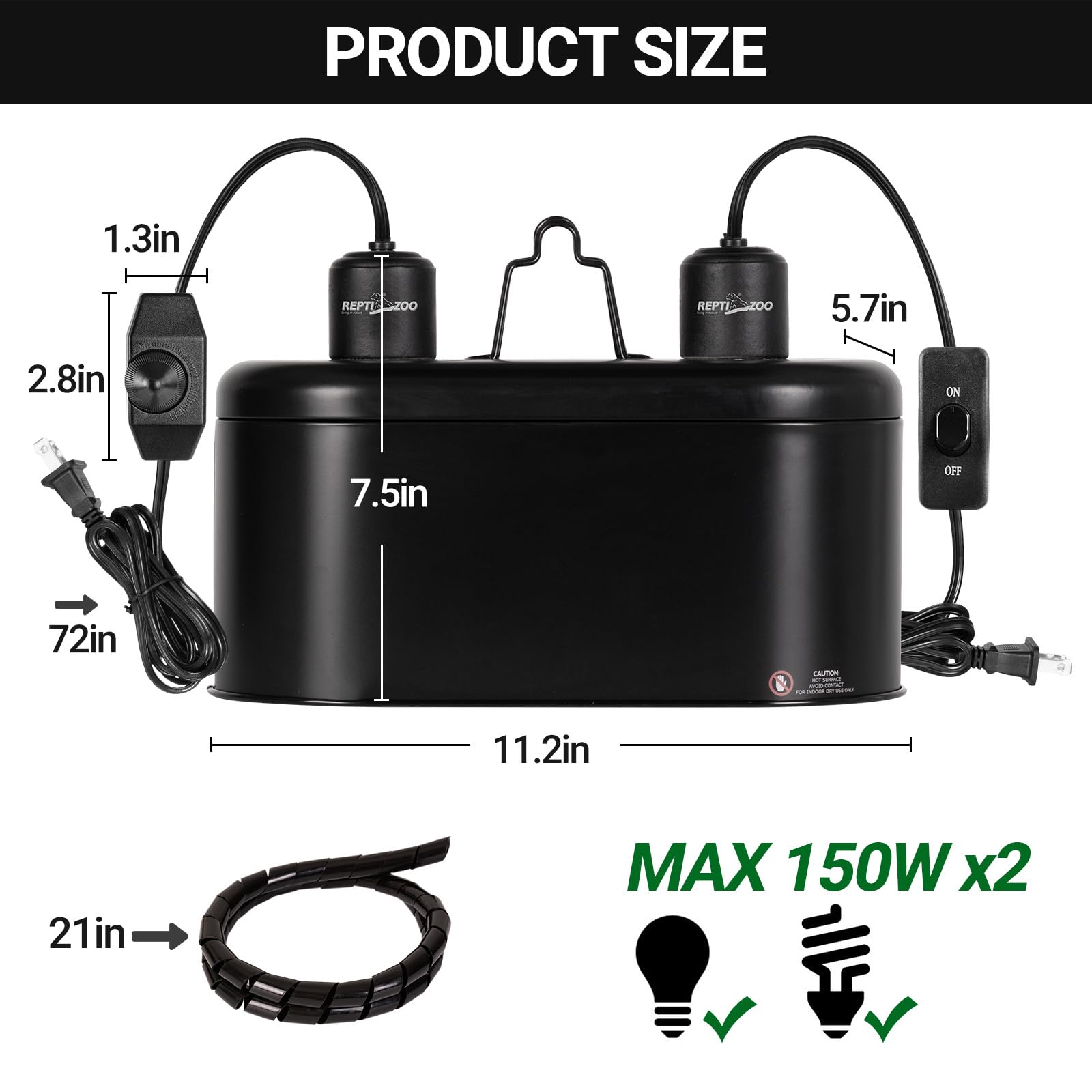 REPTI ZOO Dual Reptile Light Fixture with Dimming, Deep Dome Reptile Heat Lamp Fixture, UVB Light Dual Fixture Lamp Cap for Reptile Terrarium Tank - image 2