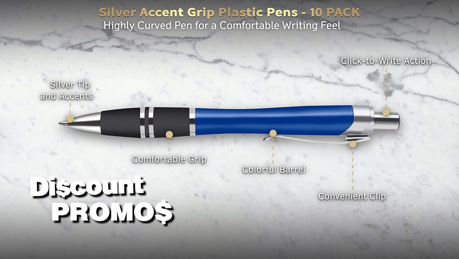 Personalized Plastic Pens Silver Accent Grip with Click Action Ergonomic Rubber, Pack of 10 by DISCOUNT PROMOS - Ideal for Office & Corporate Use – Blue