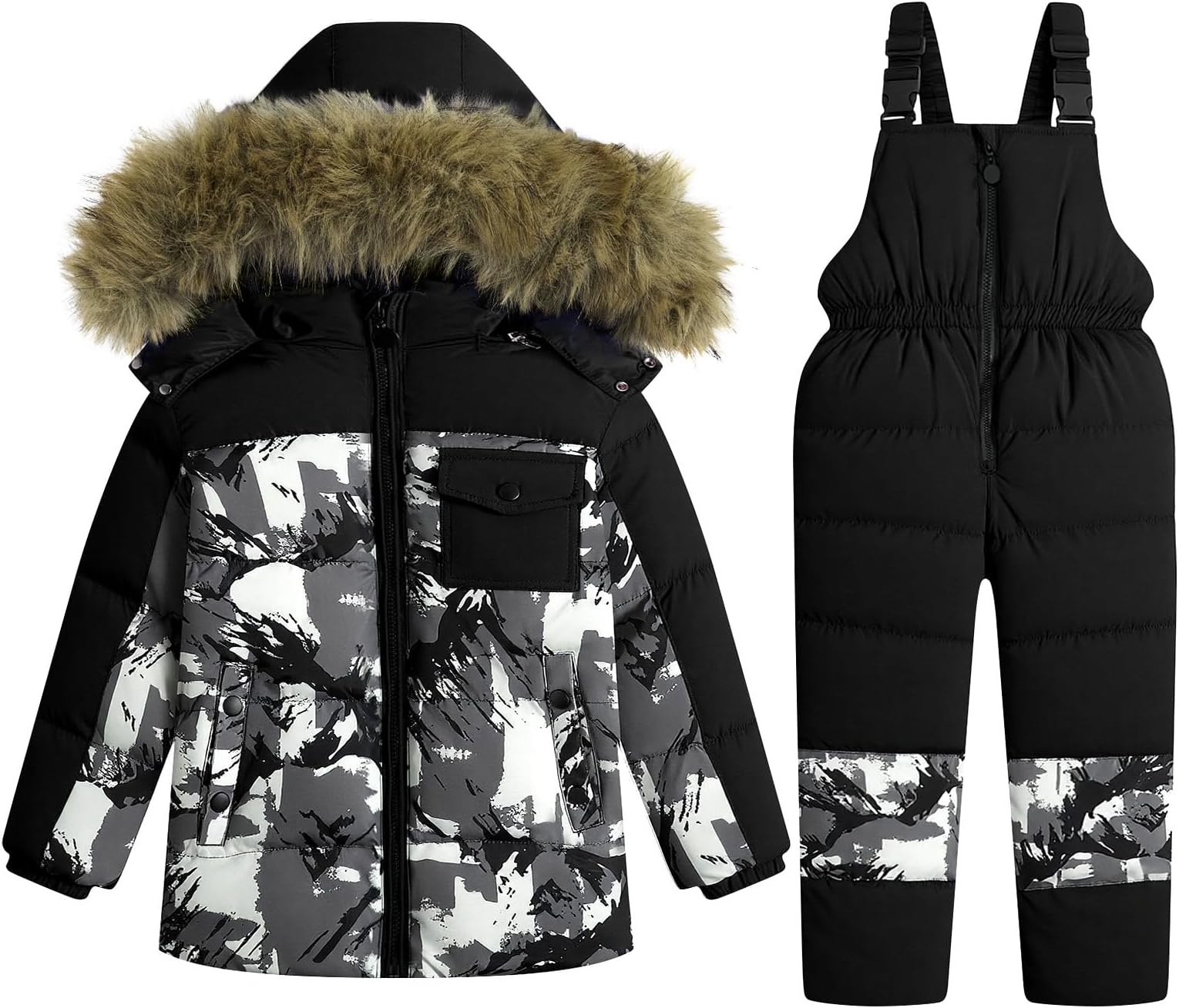 Kids 2 Piece Snowsuit Set Girl Winter Hooded Puffer Jacket & Snow Bib Pants Boy Ski Suits Ultralight Outfit