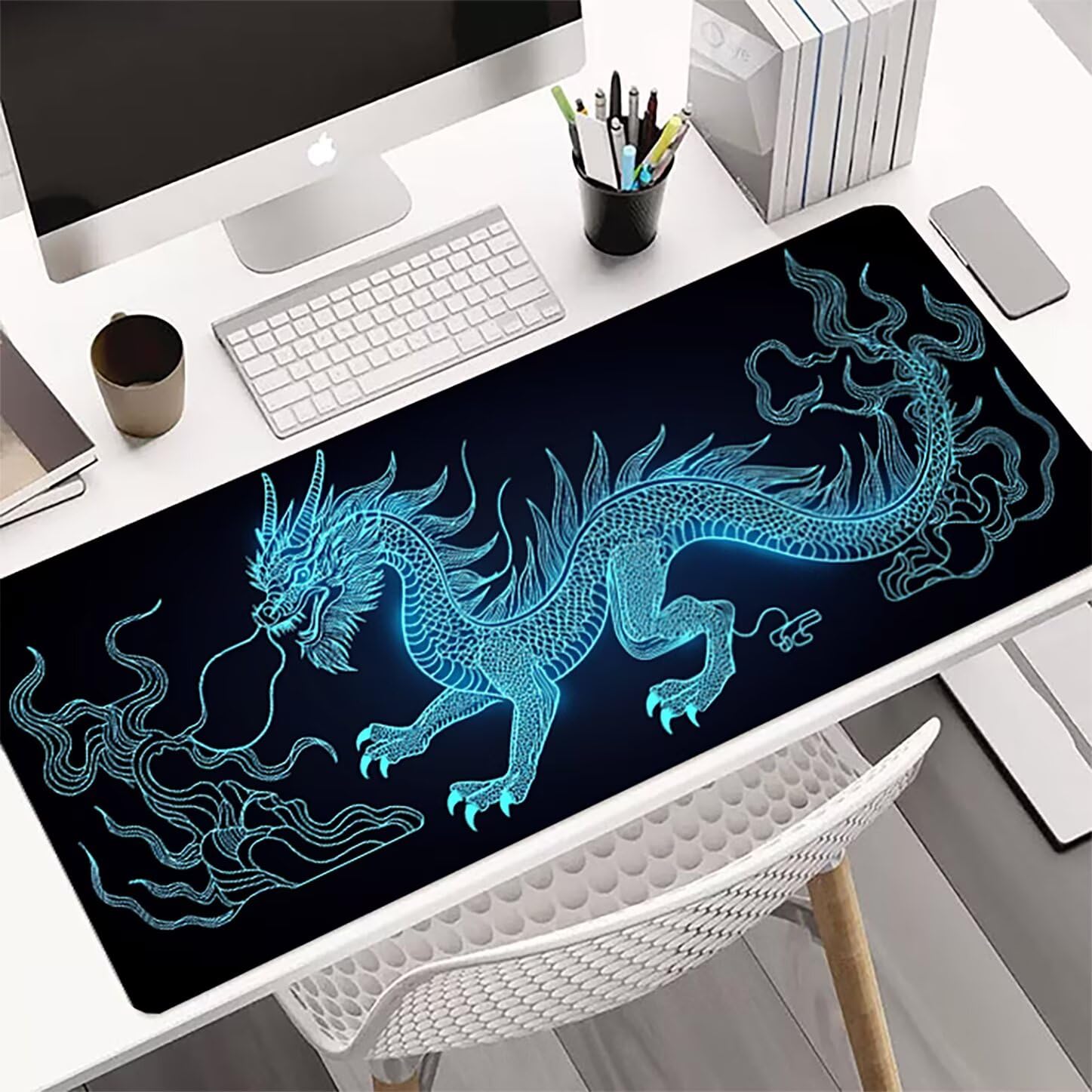 Lpfieonn Drache Großes Schreibtischunterlage, XXL Schreibtischunterlagen, Schwarz XXL Wasserdicht Gaming Mousepad mit Vernähter Rand und Rutschfeste Gummibasis, für Laptop/Hause/Büro 120x60cm PF-2375