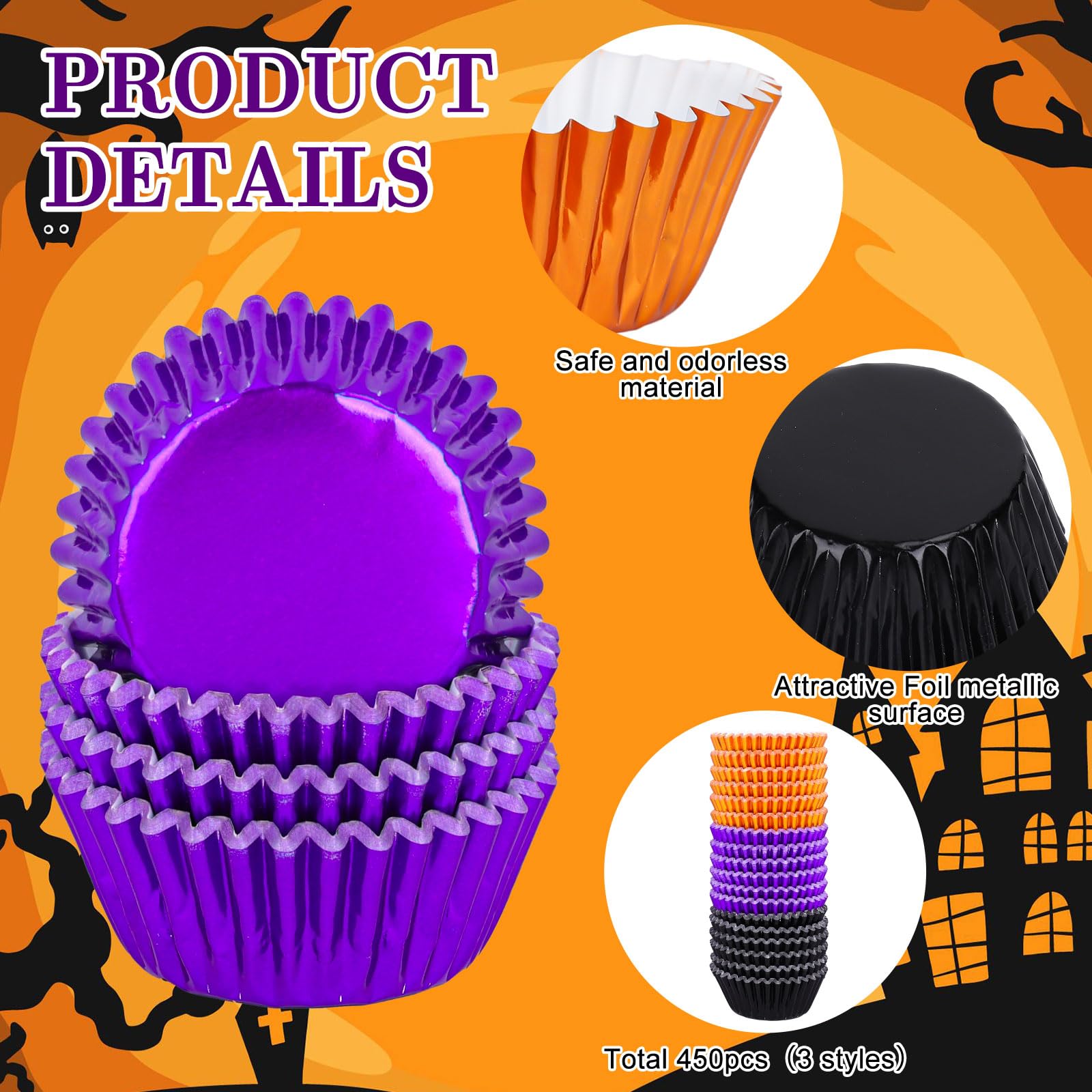 Whaline 450 Stück Halloween-Folien-Cupcake-Förmchen, schwarz, lila, orange, metallische Cupcake-Förmchen, Muffinförmchen für Urlaub, Partyzubehör