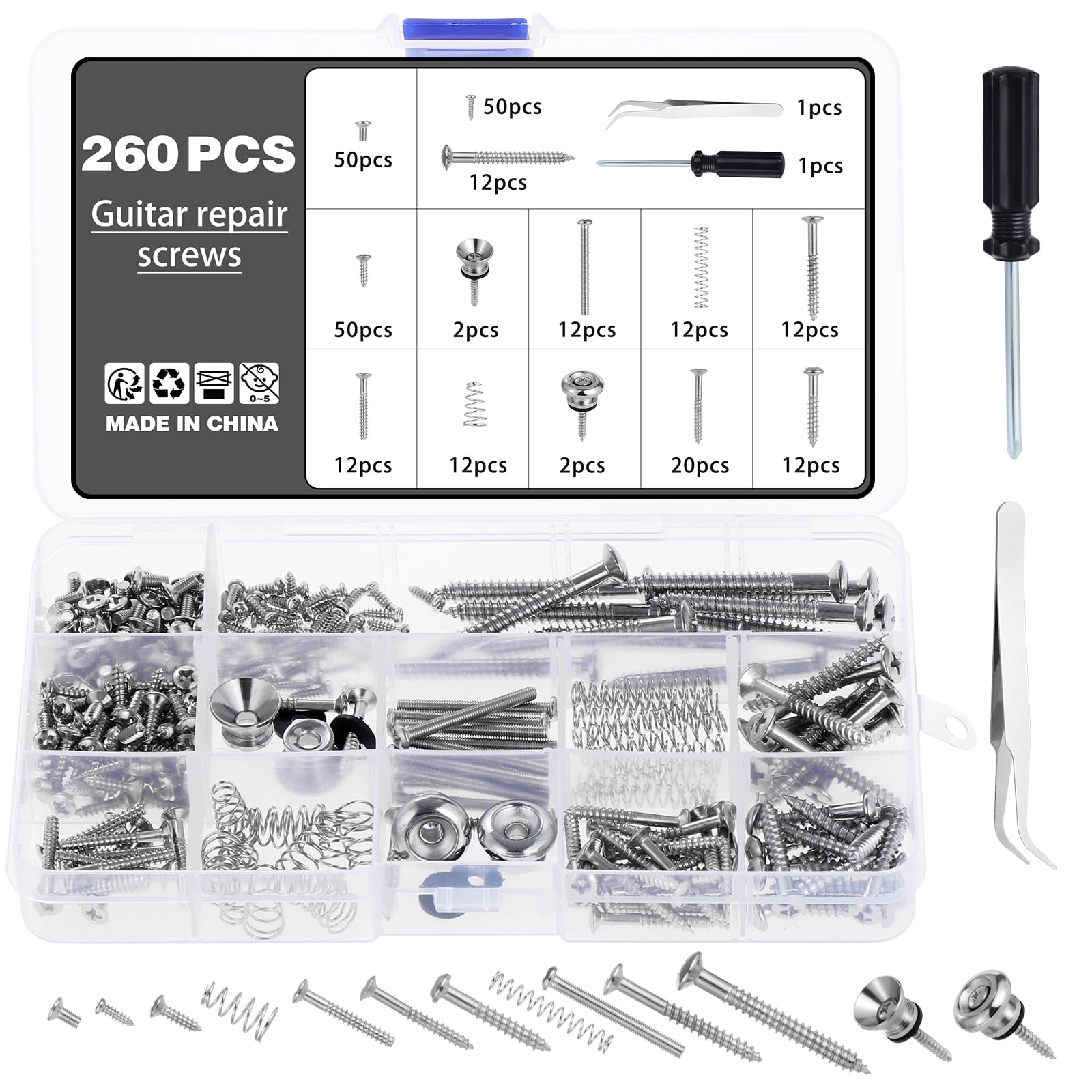 Knpwer 260 Pcs Electric Guitar Screw Kit with Springs for Electric Guitar Bridge,Guitar Mounting Screws,for Electric Guitar Bridge Pickup