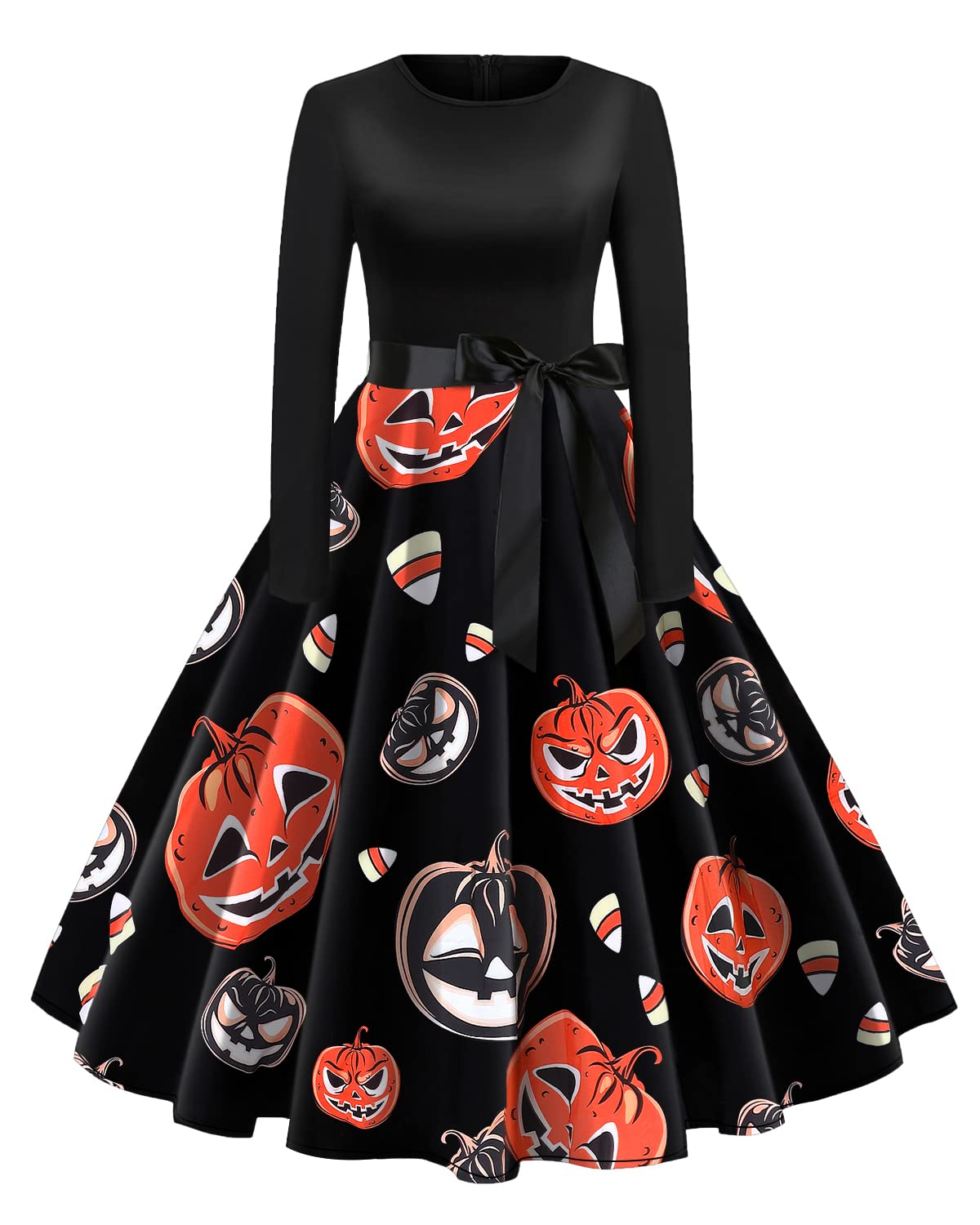Halloween Dresses Womens Long Sleeve Cocktail Swing Dress Skeleton Pumpkin Printed Cosplay Party Costume