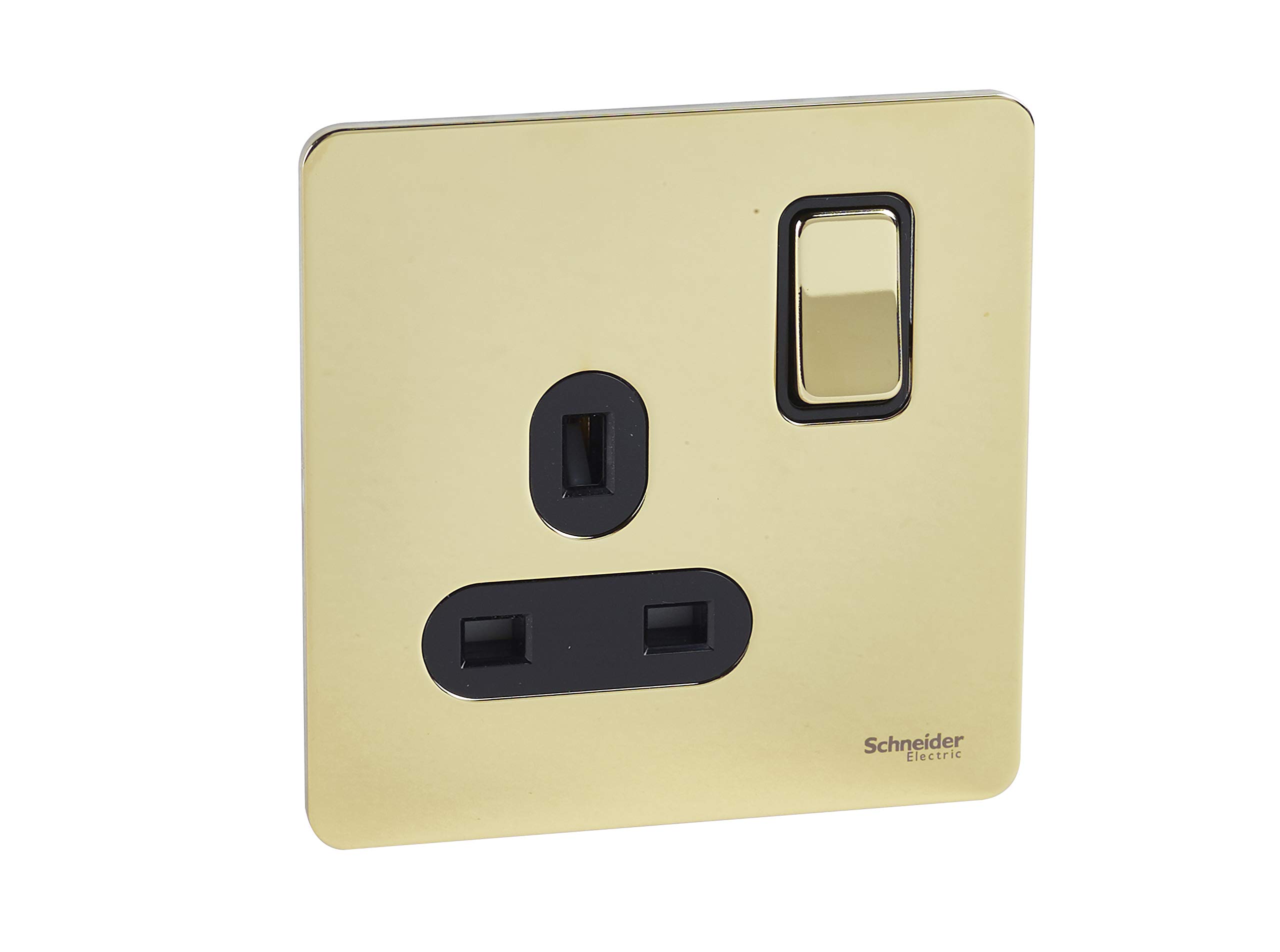 Schneider ElectricUltimate Screwless Flat Plate - Switched Single Power Socket, Single Pole, 13A, GU3410BPB, Polished Brass with Black Insert