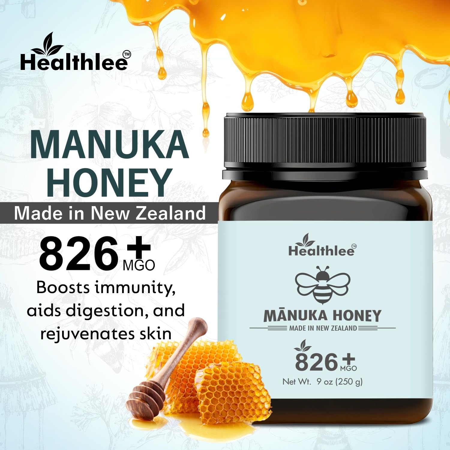 Manuka honey 826+ MGO | New Zealand Honey | Monofloral health honey (250g/8.8 oz)