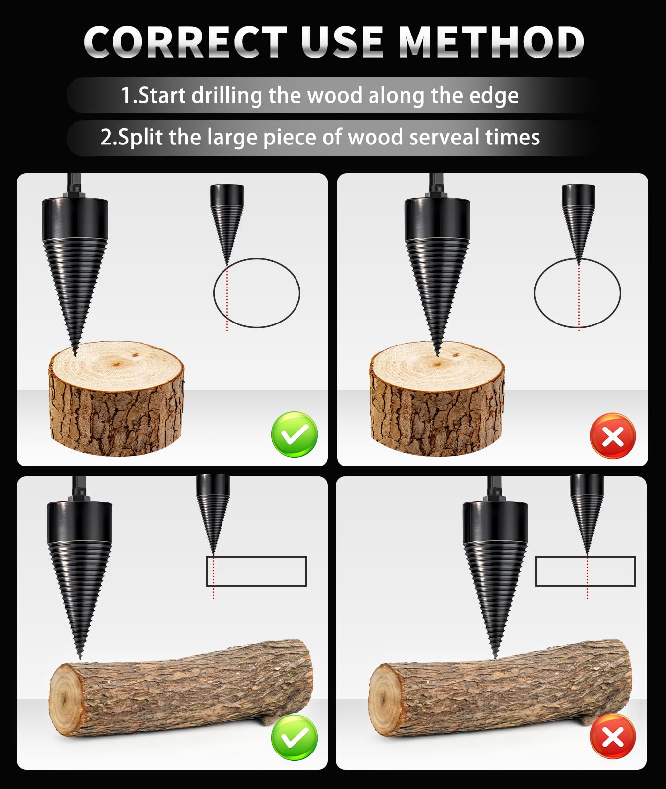 Lot de 6 forets à bois de chauffage, 50 mm + 38 mm, très résistants avec 4 poignées (carré + rond + tige hexagonale + petit hexagonal) pour perceuse électrique, fendeur de petit bois