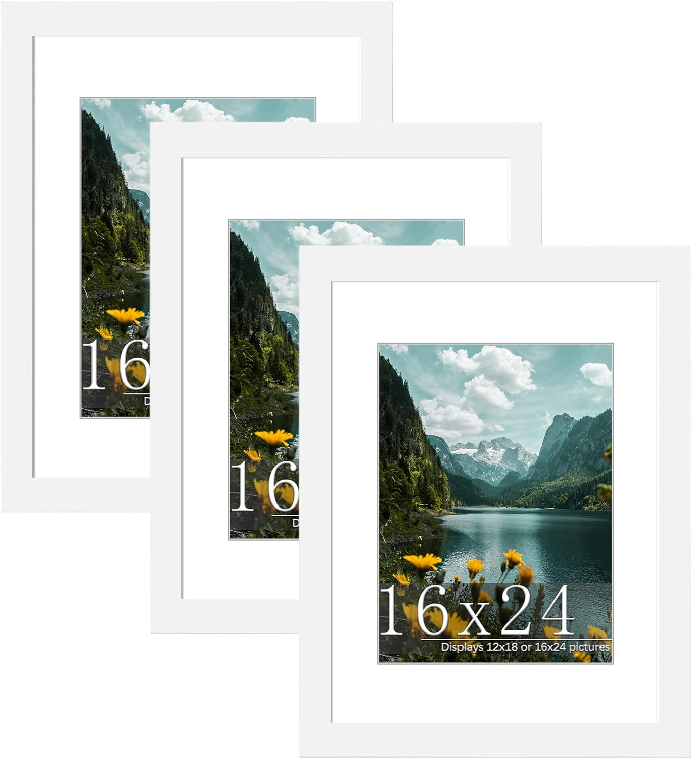 Picrit 16x24 Picture Frame 3 Pack, White Poster Frame, Display Poster 12 x 18 with Mat or 16 x 24 Without Mat for Horizontal or Vertical Wall Mounting. White 16x24