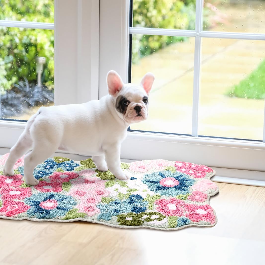 TRUEDAYS Wildflower Floral Bathroom Rug - Cute Tufted Non Slip Soft Flower Shaped Bath Mat, Washable Farmhouse & Cottagecore Bathroom Decor - Aesthetic Green Rug for Vanity, Tub, Entryway