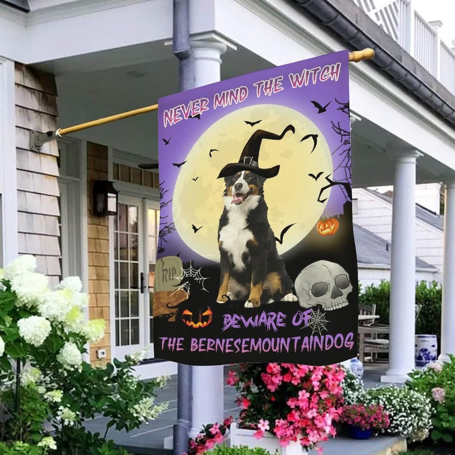 Never Mind The Witch Beware Of The Dog Garden Flag Bernese Mountain Dog 28"X40" Double Side Yard Outdoor Decoration Cotton linen Home Yard Lawn Patio Veranda Porch Garden Decor Holiday Decorations