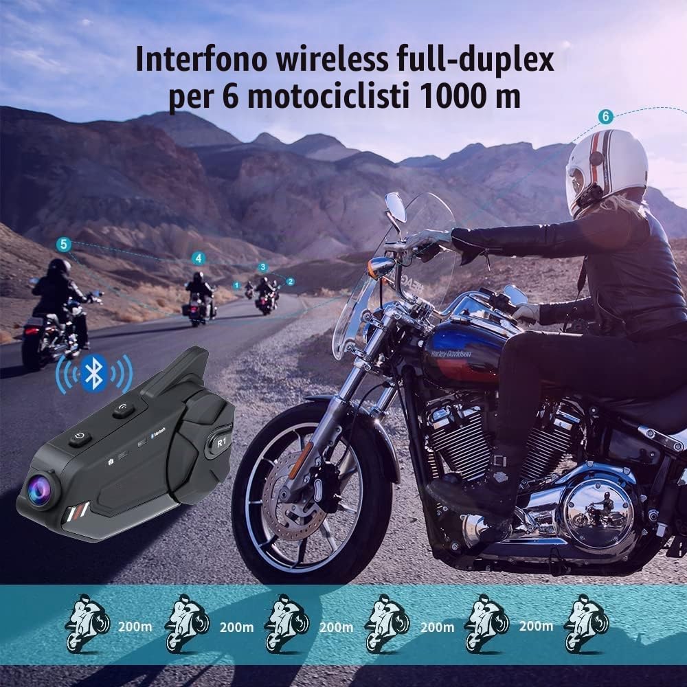 OBEST Interfono Bluetooth per Moto, Auricolare per Casco con Fotocamera 1080P, Supporta 6 Persone che Parlano allo Stesso Tempo Entro 1000m con Scheda TF FM/Bluetooth 5.0/64G/Microfono 2 in 1