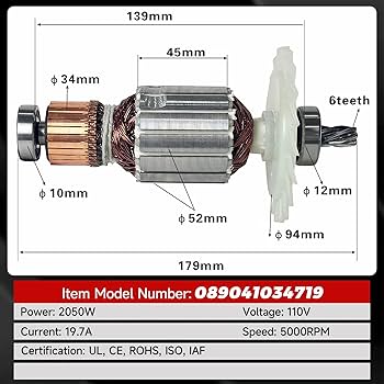 089041034719 Replacement R4092 Motor Armature & Bearings