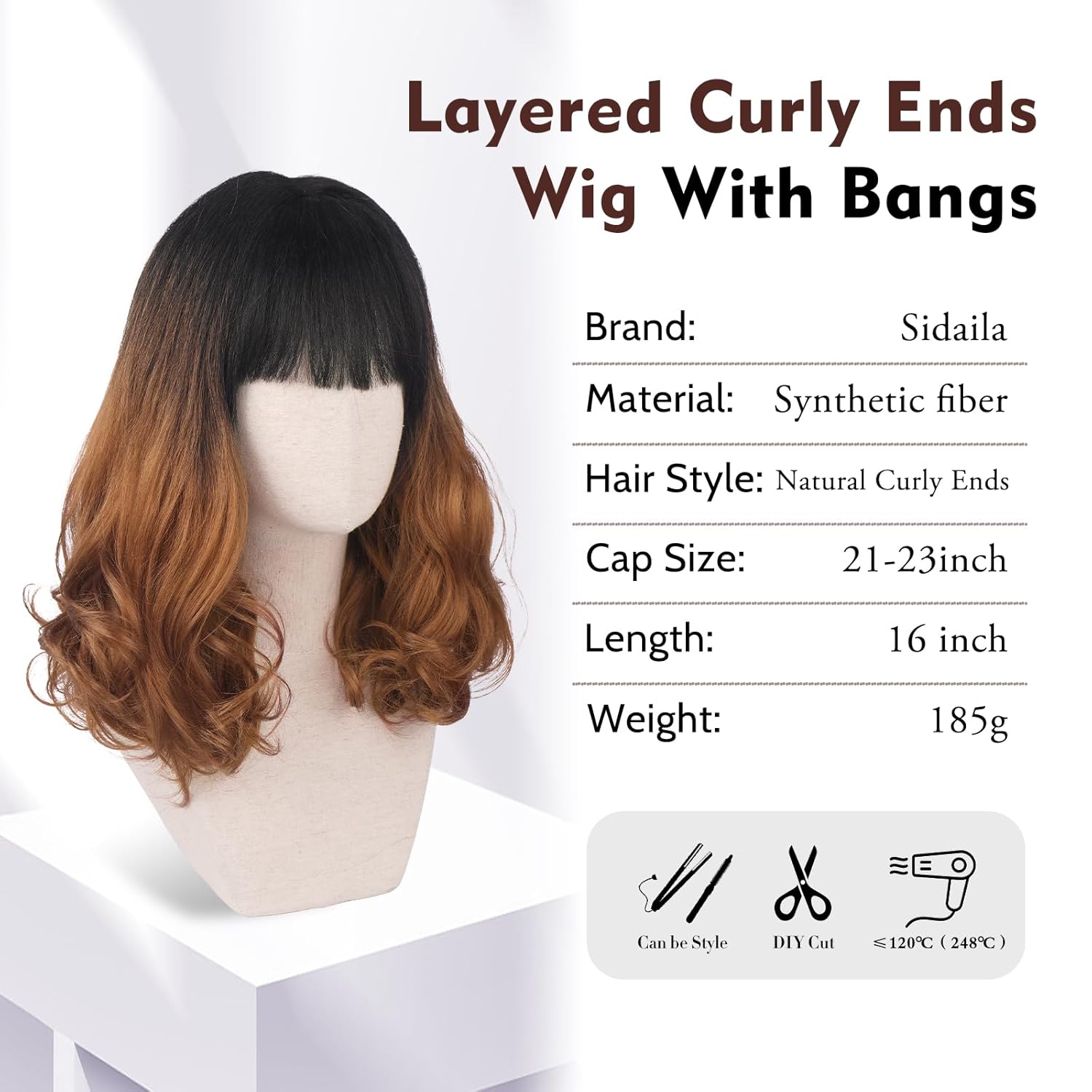 Wig with Bangs for Women | 16 Inch Layered Body Wave Synthetic Wig | Heat Resistant Yaki Fiber Natural Looking Shoulder Length Wigs | Synthetic Wig for Daily Wear - Ombre Black to Copper Brown