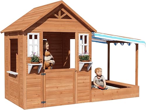 Miniatura 5 de BIRASIL Casa de juegos para niños con caja de arena, casa de juegos de madera al aire libre con hoyo de arena para patio trasero jardín de 3 a 10