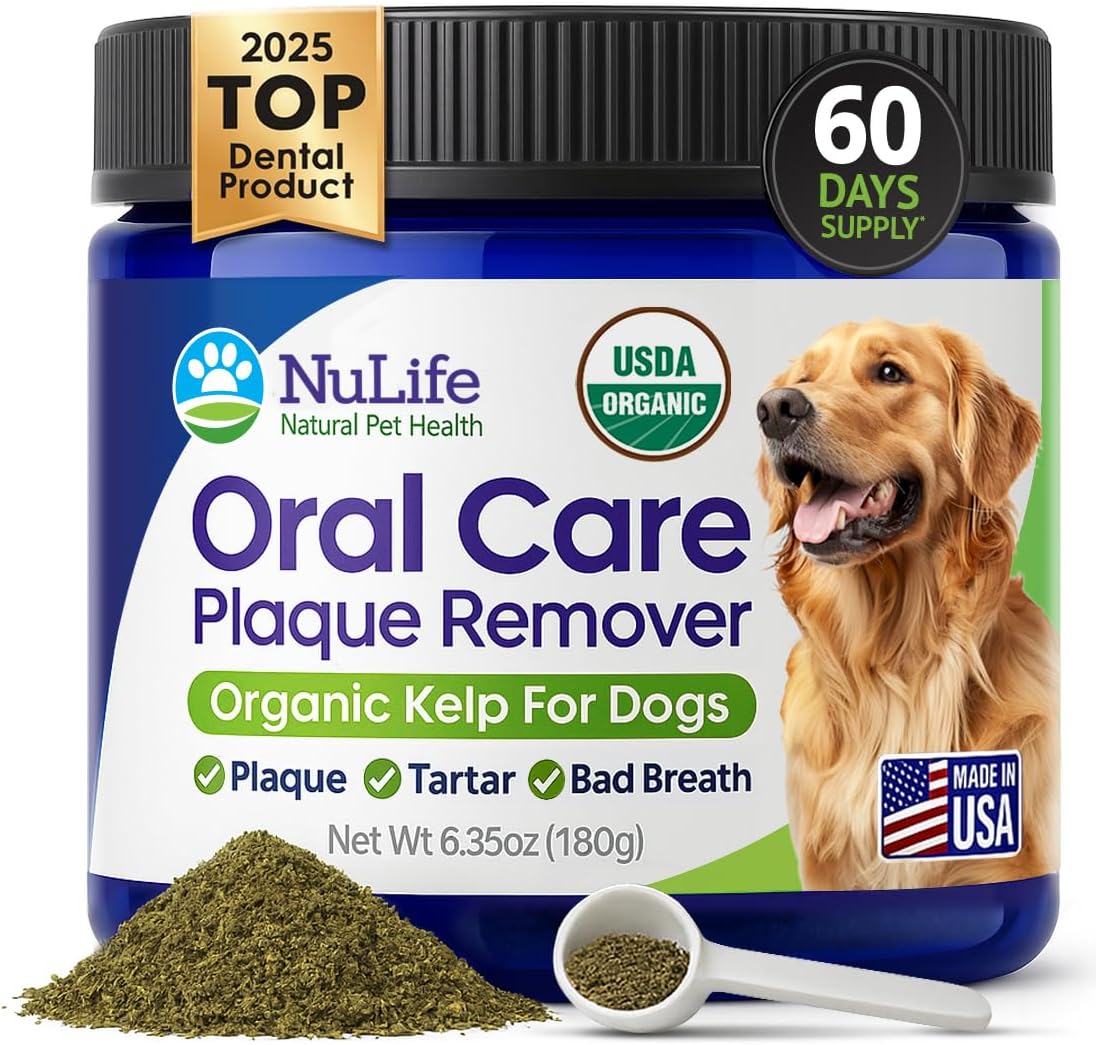 Dog Teeth Cleaning Powder, Dog Plaque and Tartar Remover, Bad Breath Treatment for Dogs with USDA Organic Sea Kelp Powder, Dog Dental Care Made Easy, for All Ages, 6oz