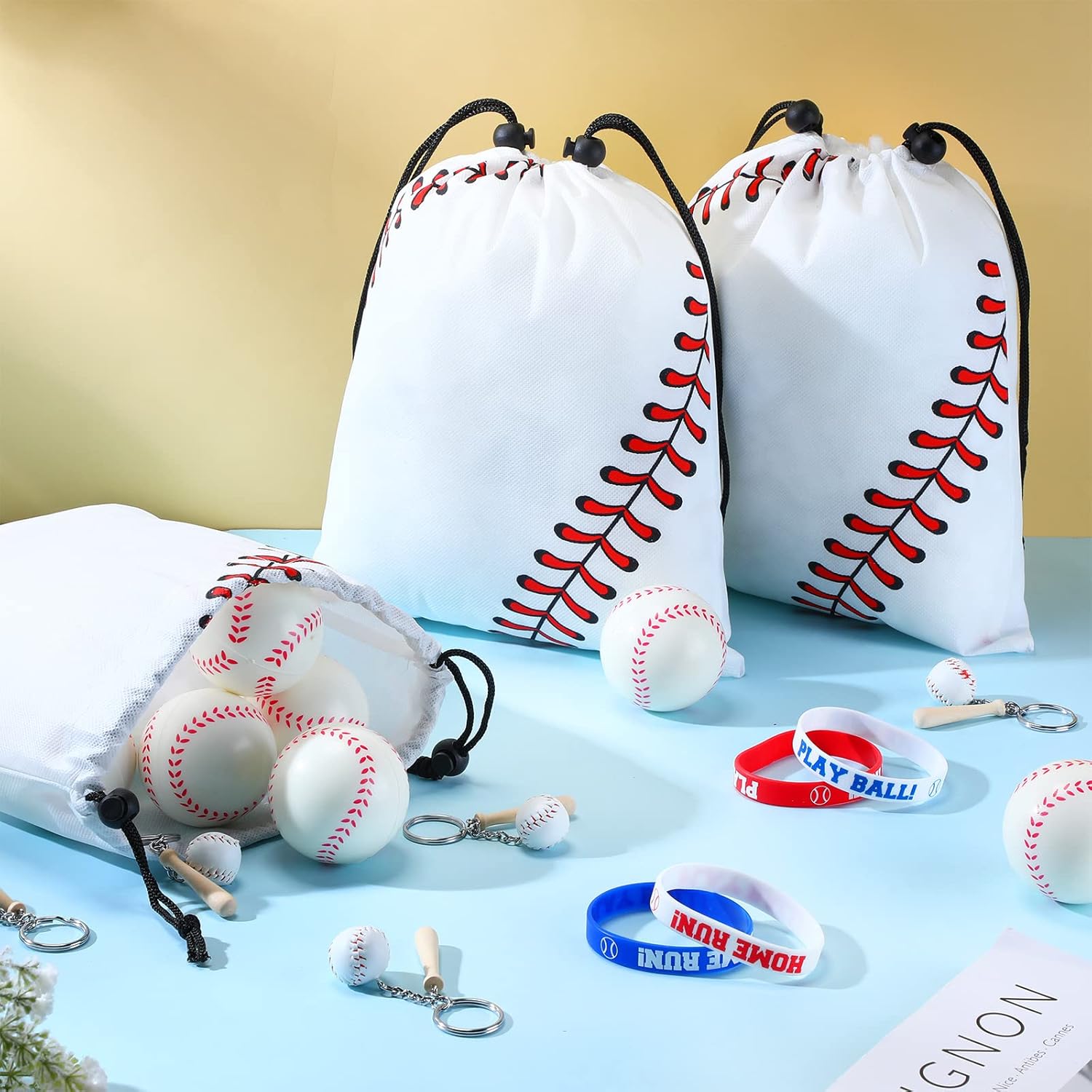 Nuogo 48 Pcs Baseball Party Favors Include 12 Baseball Gift Bags, 12 Bracelets, 12 Stress Balls, 12 Mini Keychain for Inspirational Team Party Supplies Gift Children Boy Girl - Image 4