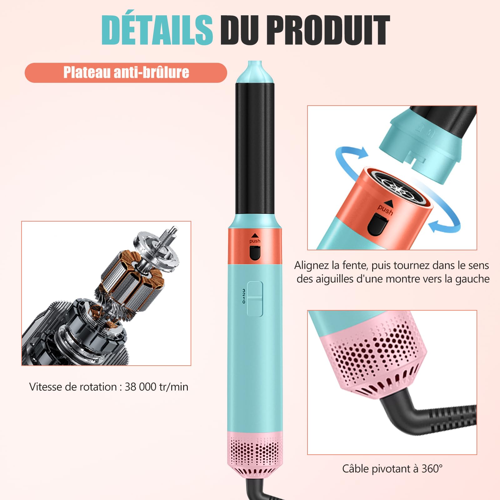 Brosse Chauffante Brushing Multi-Usages, 1-Step Styler,Air brush 5 Set Avec Seche Cheveux,Brosse Soufflante Rotative Pour Cheveux,Brosse Soufflante Technologie CéRamique,SéCher, Boucler, Lisser (Bleu)