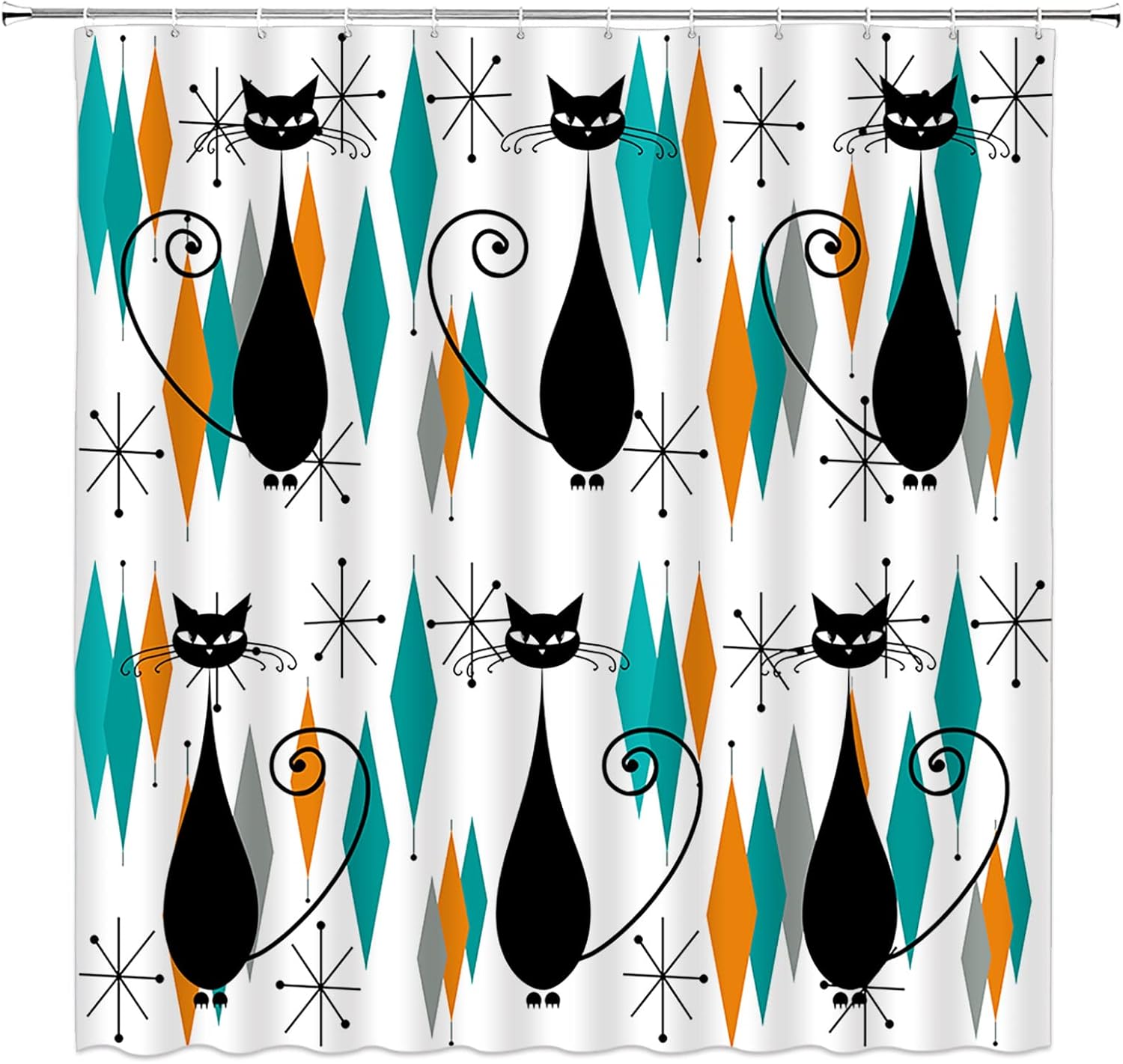 ABONAN Mid Century Black Cat Shower Curtain Diamond Retro