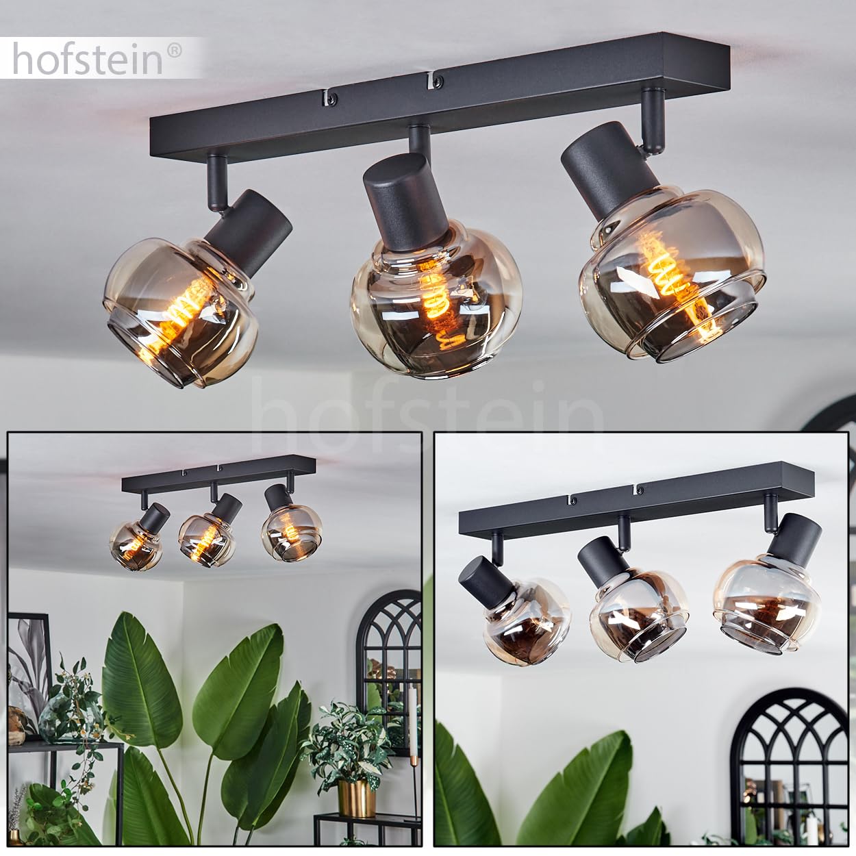 HOFSTEIN Deckenleuchte Cevio, verstellbare Deckenlampe aus Metall/Glas in Schwarz/Rauch-/Bernsteinfarben, Leuchte im Vintage-Design (Ø Schirme 15 cm), 3xE14, Schlafzimmer, Wohnzimmer, Küche, Esszimmer