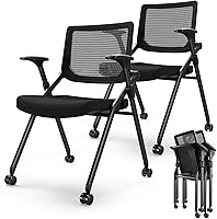 FYLICA Foldable Ergonomic Mesh Office Chair Set of 2 - Stackable Conference Guest Chairs with PU Wheels, 30° Tilting Backrest, 300 lbs Support (Black)