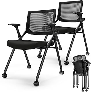 FYLICA Foldable Ergonomic Mesh Office Chair Set of 2 - Stackable Conference Guest Chairs with PU Wheels, 30° Tilting Backrest, 300 lbs Support (Black)