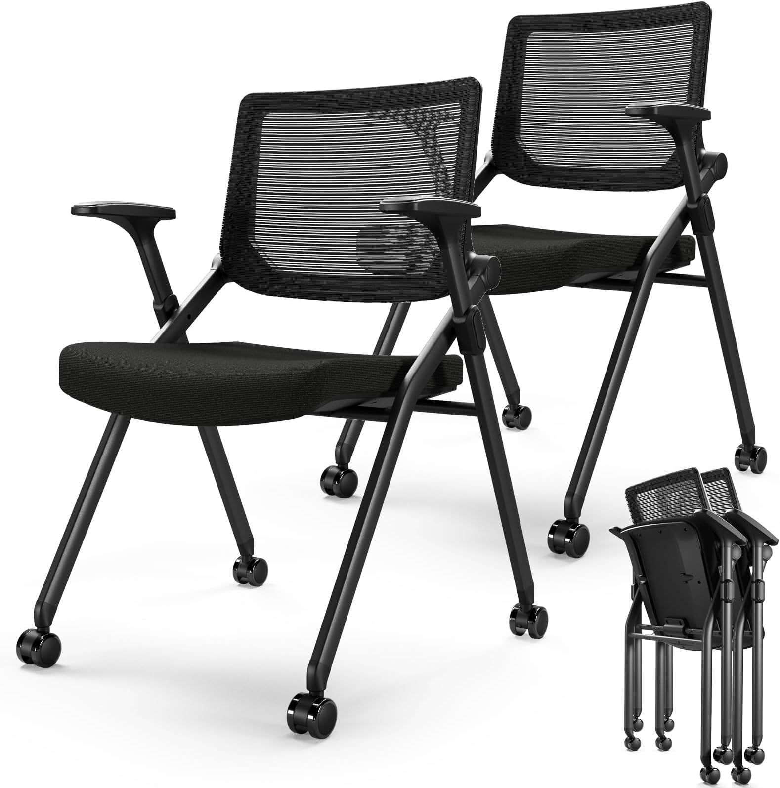Foldable Office Chair Set of 2 with PU Wheels Ergonomic Mesh Bouncing Back, Stackable Conference Room Chair, Office Guest & Reception & Meeting Chair (Black)