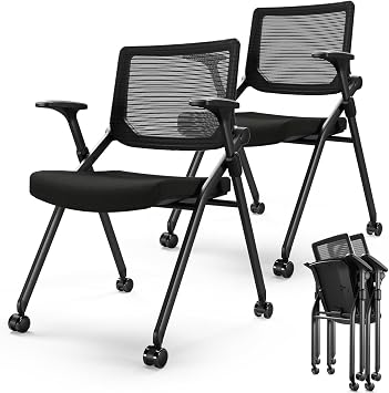 Foldable Office Chair Set of 2 with PU Wheels Ergonomic Mesh Bouncing Back, Stackable Conference Room Chair, Office Guest & Reception & Meeting Chair Black