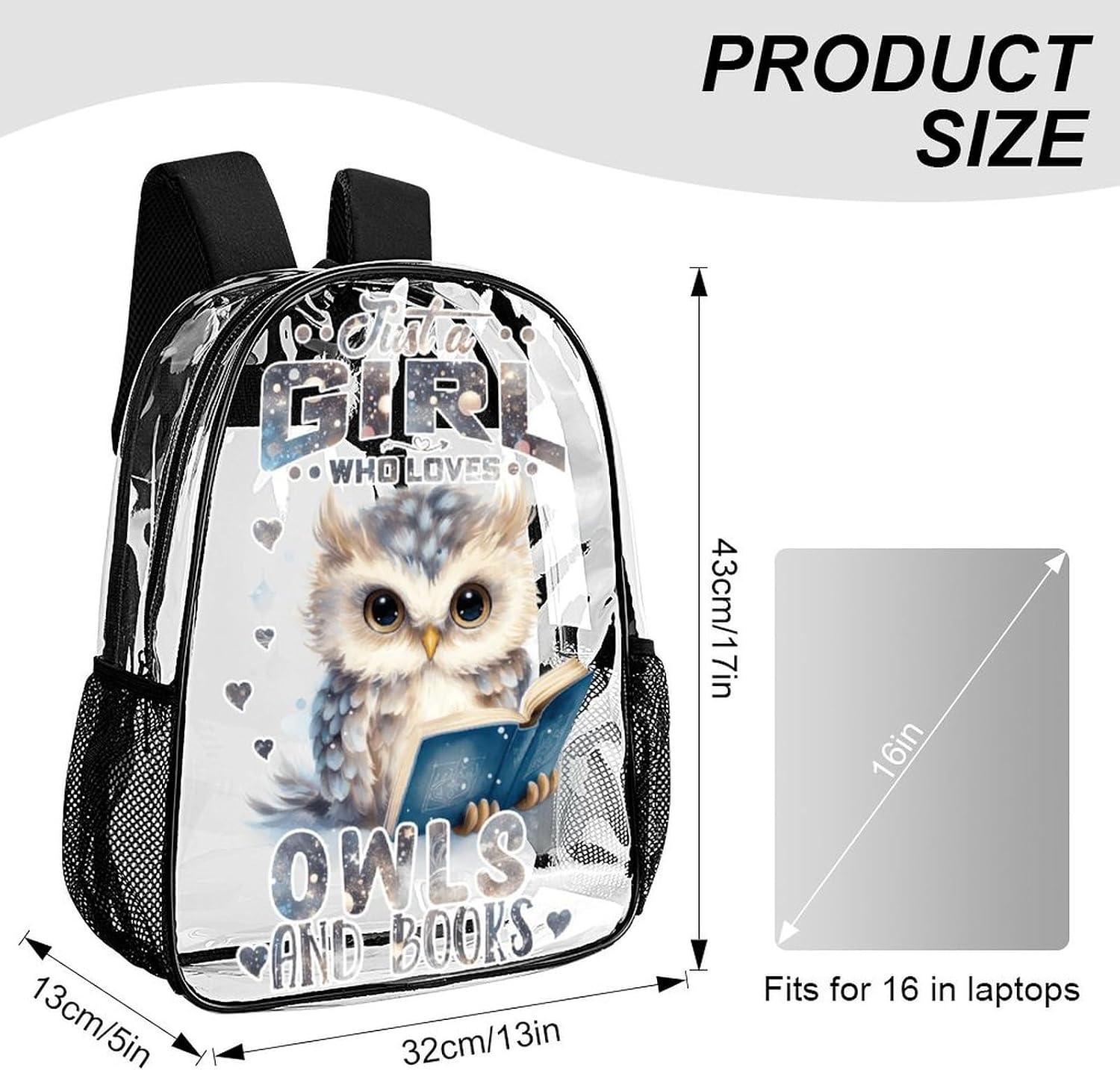 Owl Clear Backpack Heavy Duty for Girls Kids Boys Women Men - Large Cute PVC Owls Theme Printing Transparent Backpacks for Schools Stadium Concerts Work - Clear/Black