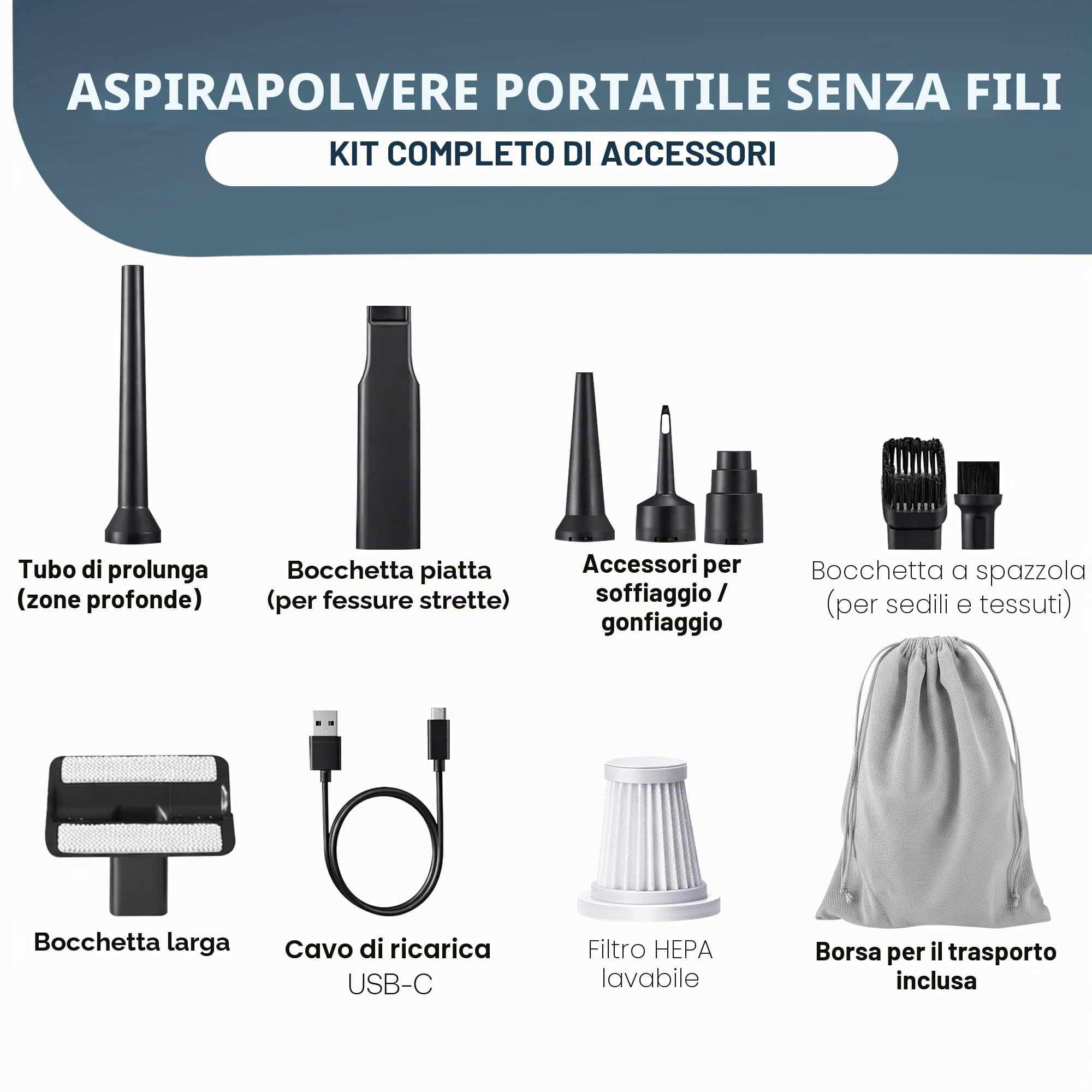 Potente aspirapolvere per auto senza fili 19.000 Pa – ricaricabile USB-C, LED incorporato, 6000 mAh – Aspirazione peli di animali, casa, ufficio e tastiera