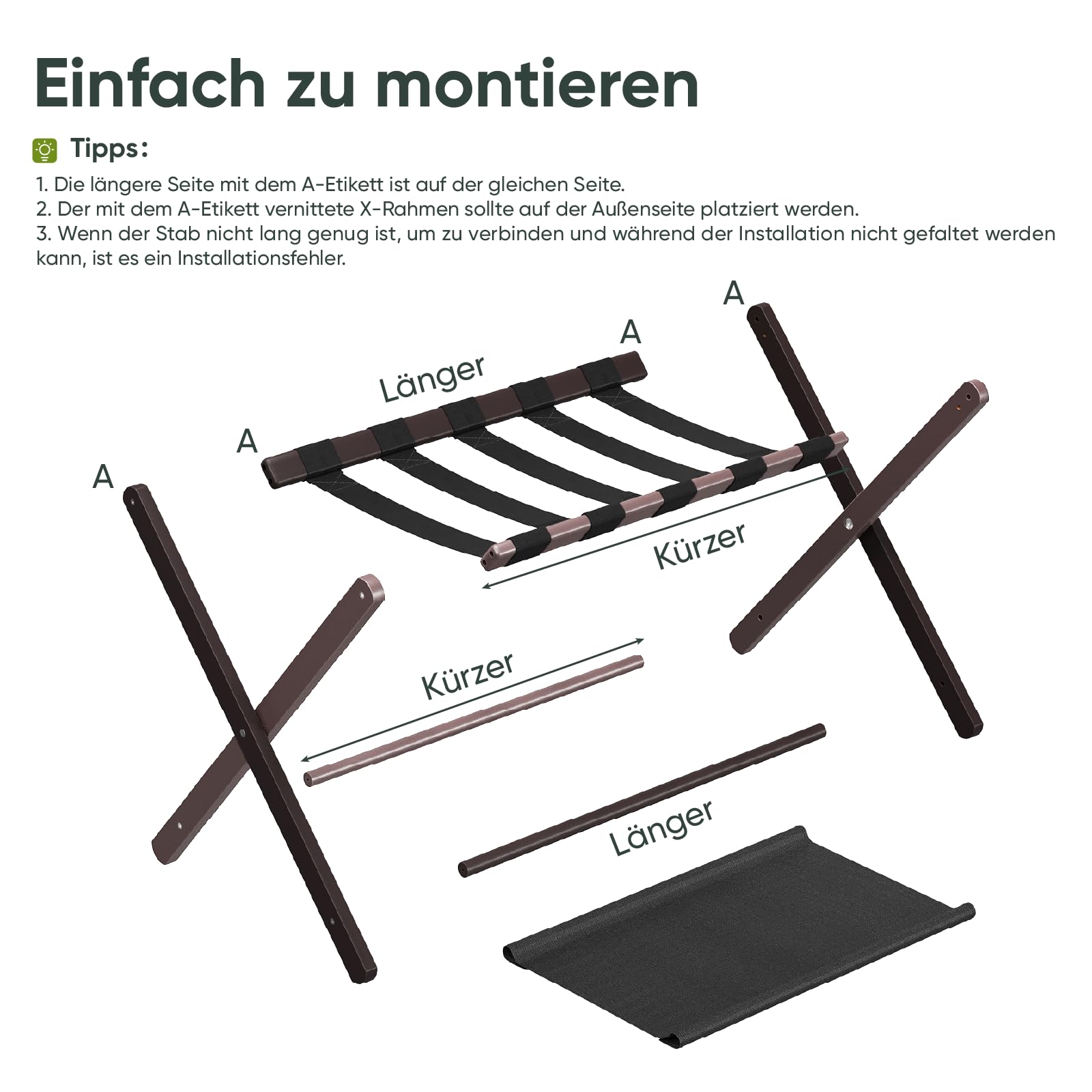 Smart FENDEE 2er-Set Bambus Gepäckträger, Faltbarer Gepäckträger mit Stoffablage, Geeignet für die Meisten Gepäckgrößen, Hält bis zu 59 kg, Ideal für Gästezimmer, Hotel (Braun)