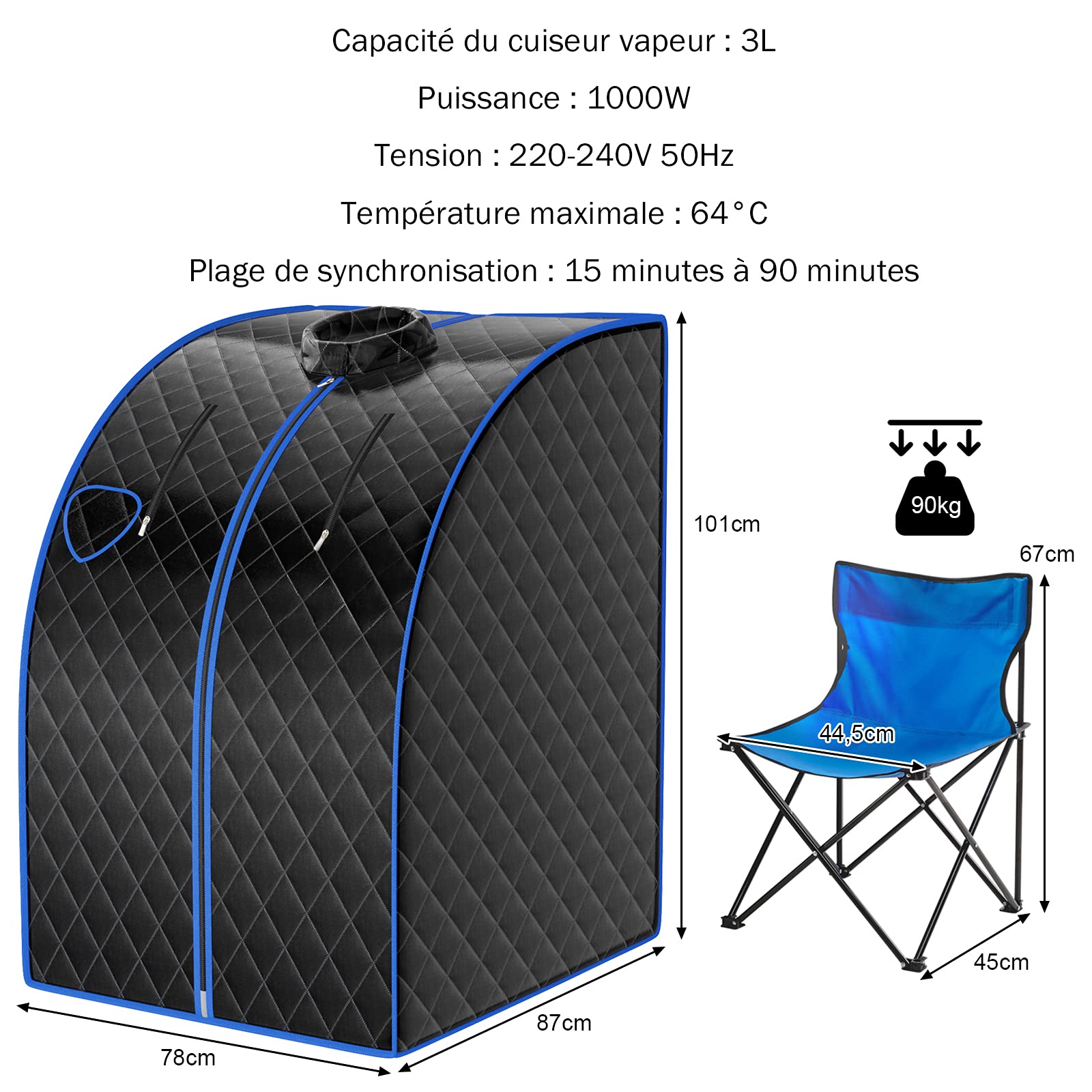 COSTWAY Sauna Cabine Pliable 1000W, 3L Sauna à Vapeur Portable avec Télécommande 9 Options de Minuterie Fonction de Vaporisation, Appareil à Vapeur Couvercle en Verre Trempé Anti-Explosion (Noir)