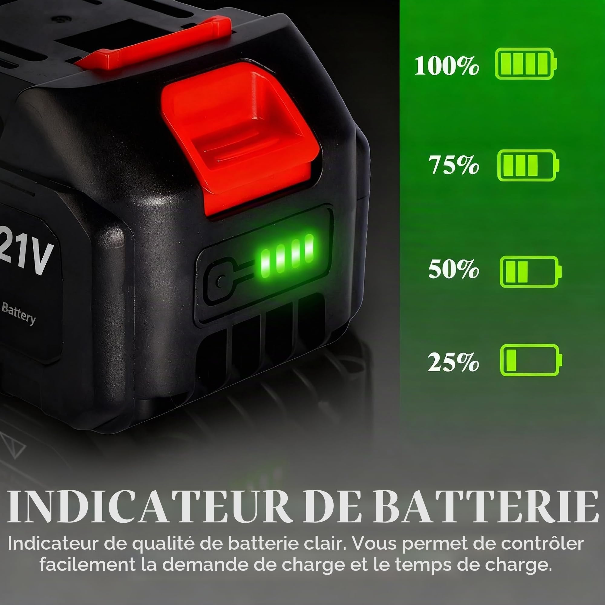 Batterie lithium 21 V - Batterie de remplacement de 4,0 Ah avec indicateur LED compatible avec le souffleur à feuilles et la mini-tronçonneuse sans fil 4 pouces/6 pouces