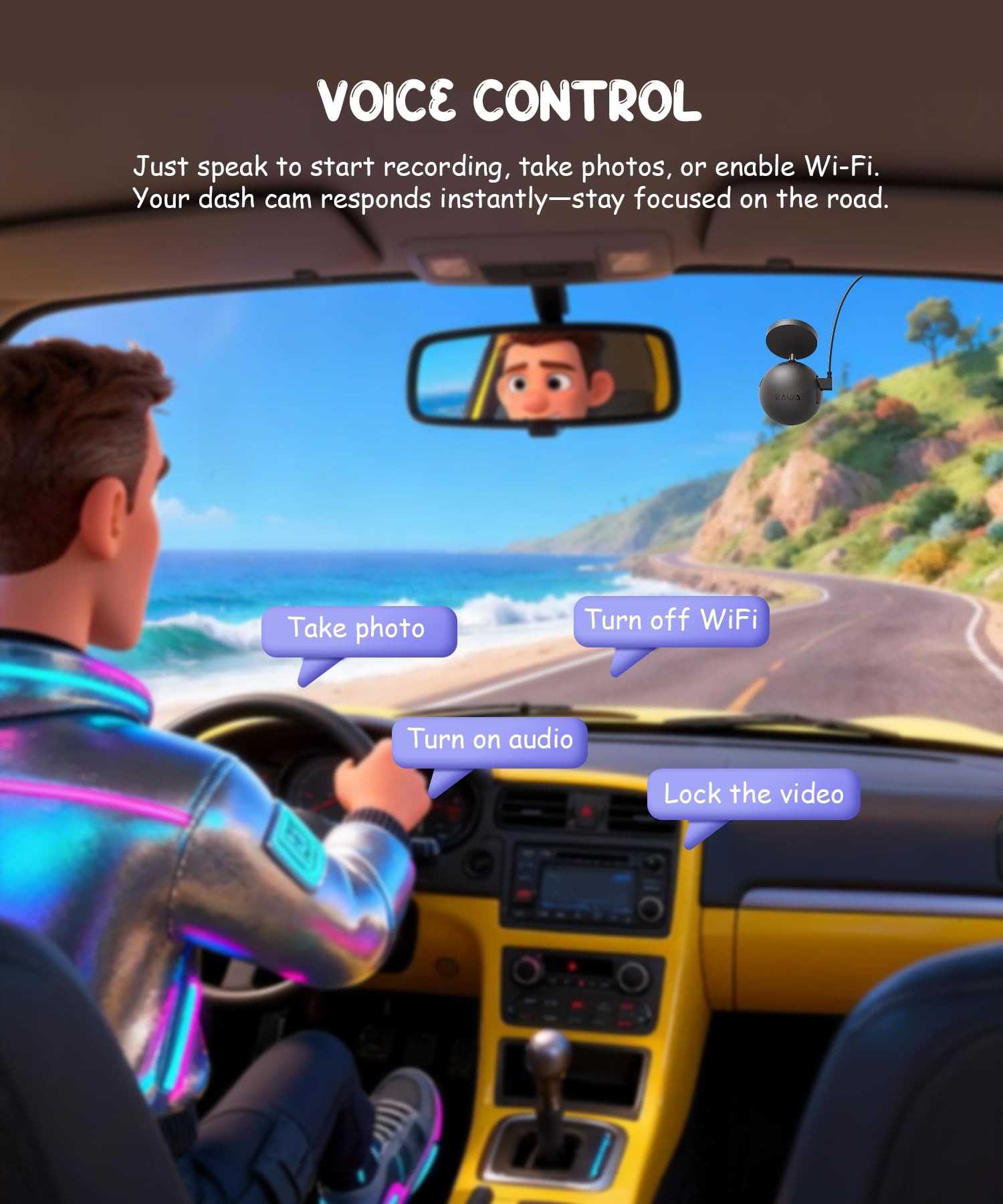 KAWA Dashcam 2K con controllo vocale – Mini fotocamera frontale a sfera, supporto girabile 360°, scheda SD 32GB, Wi-Fi & App, sensore G, motore NightEagle, parcheggio 24h – Videorecorder auto