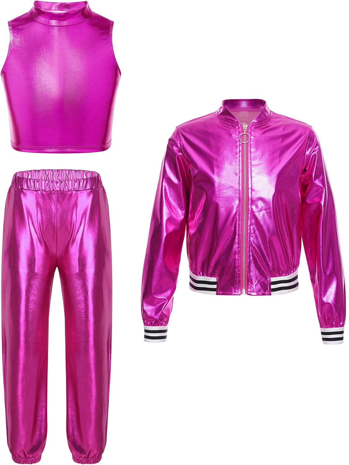 Jhaoyu Girls 3 Pcs Sparkle Hip Hop Jazz Outfit Dance Costume Crop Top Bomber Jacket with Pants Streetwear