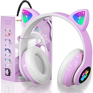 Kids Wireless Headphones with LED Light, Bluetooth Headphones for Girls with Cat Ears Foldable Over Ear Headphones with Mi…