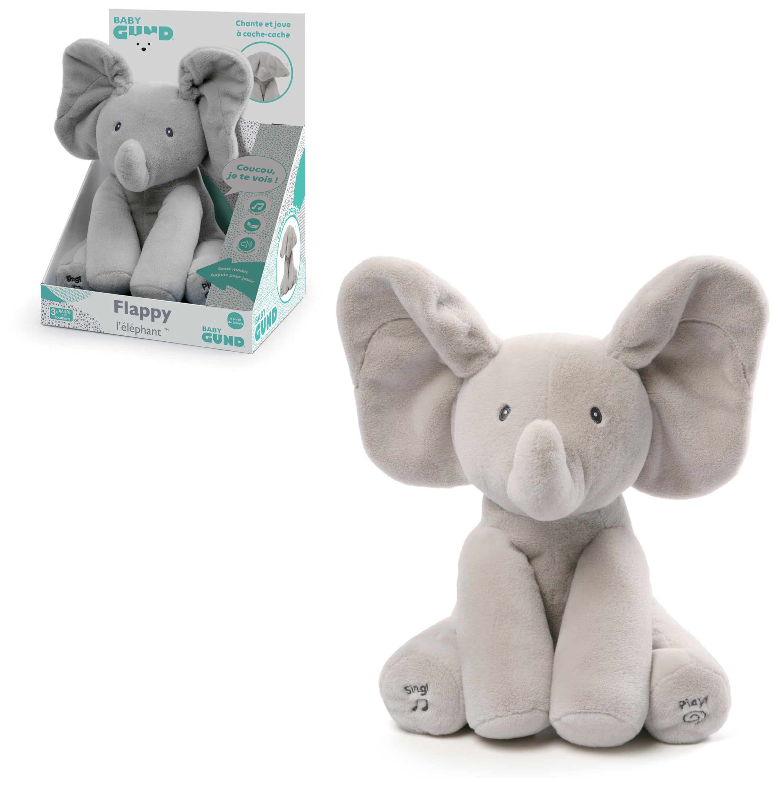GUND - Flappy L'Éléphant - Peluche Interactive pour Bébé | Bouge Parle Et Chante En Français - Éveille Les Sens - Peluche Éléphant 30 Cm - Doudou Bébé - Piles - Jouet Bébé 1 An Et +
