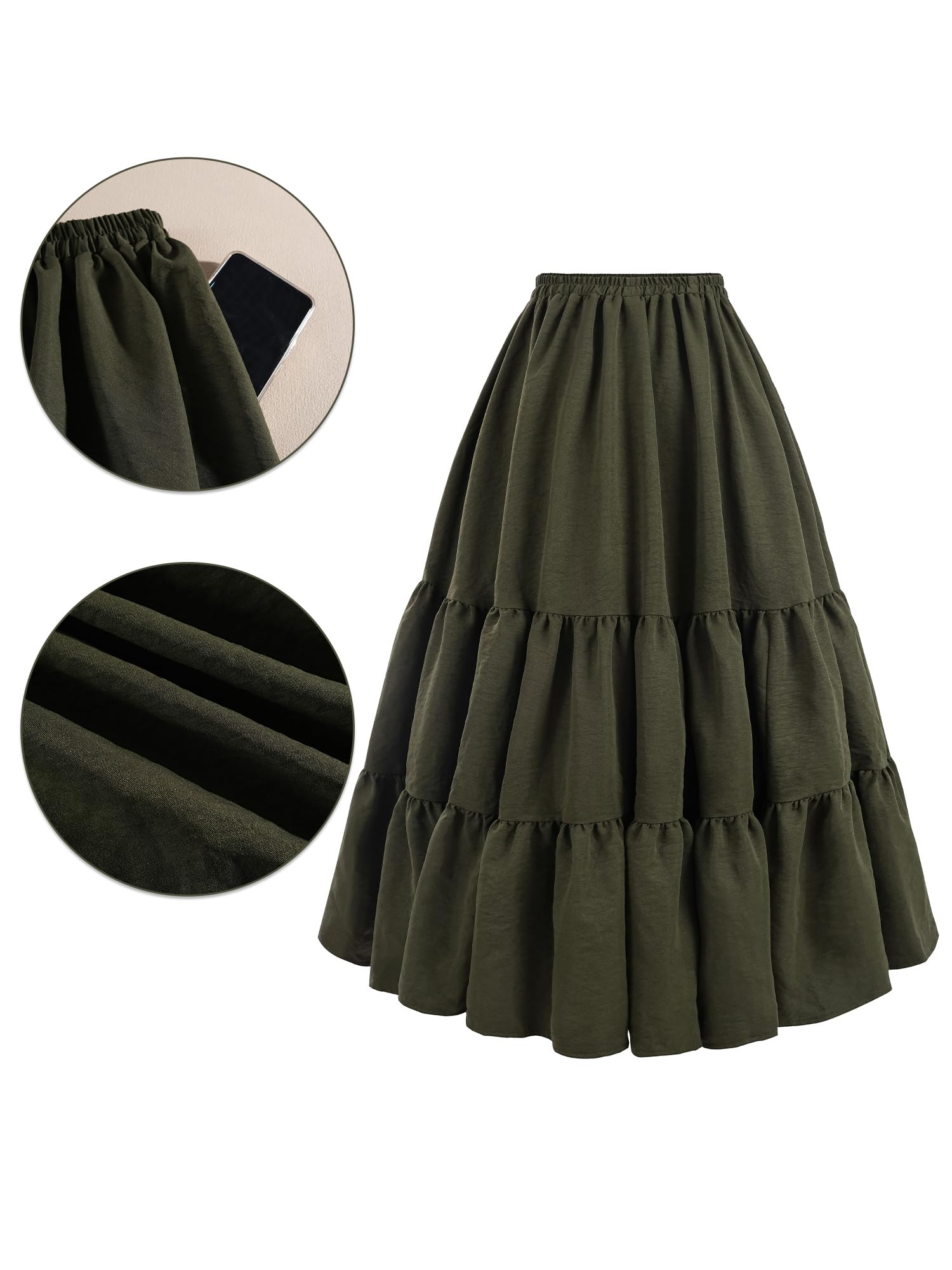 Jupe victorienne pour femme - Jupe trapèze taille haute verte - Taille élastique avec poches - Jupe longue médiévale