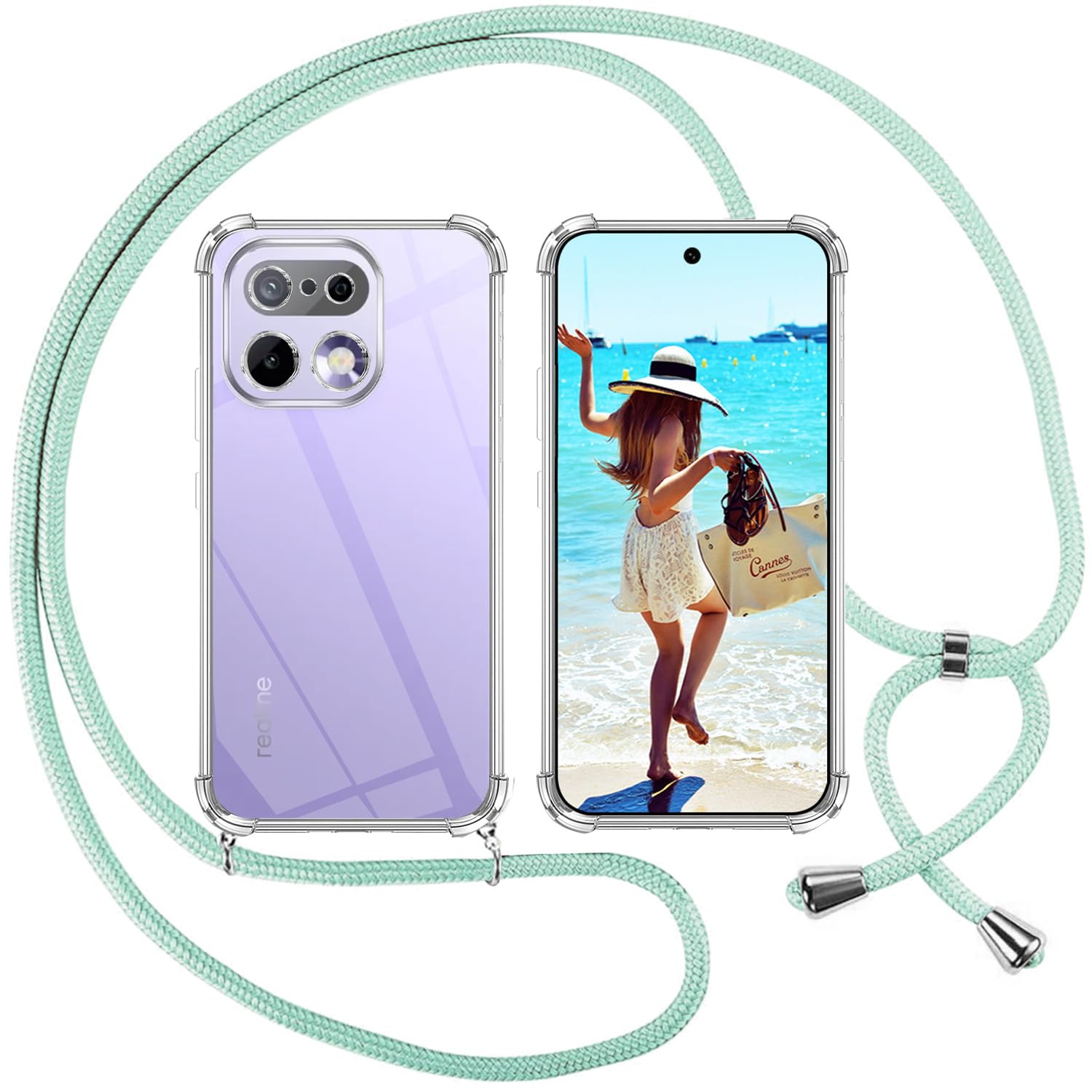 Funda ISOI Con Cordón Para Realme 8 5G – TPU Transparente, Correa De Cuello Ajustable De 1.5m, Protección Antigolpes (Verde)