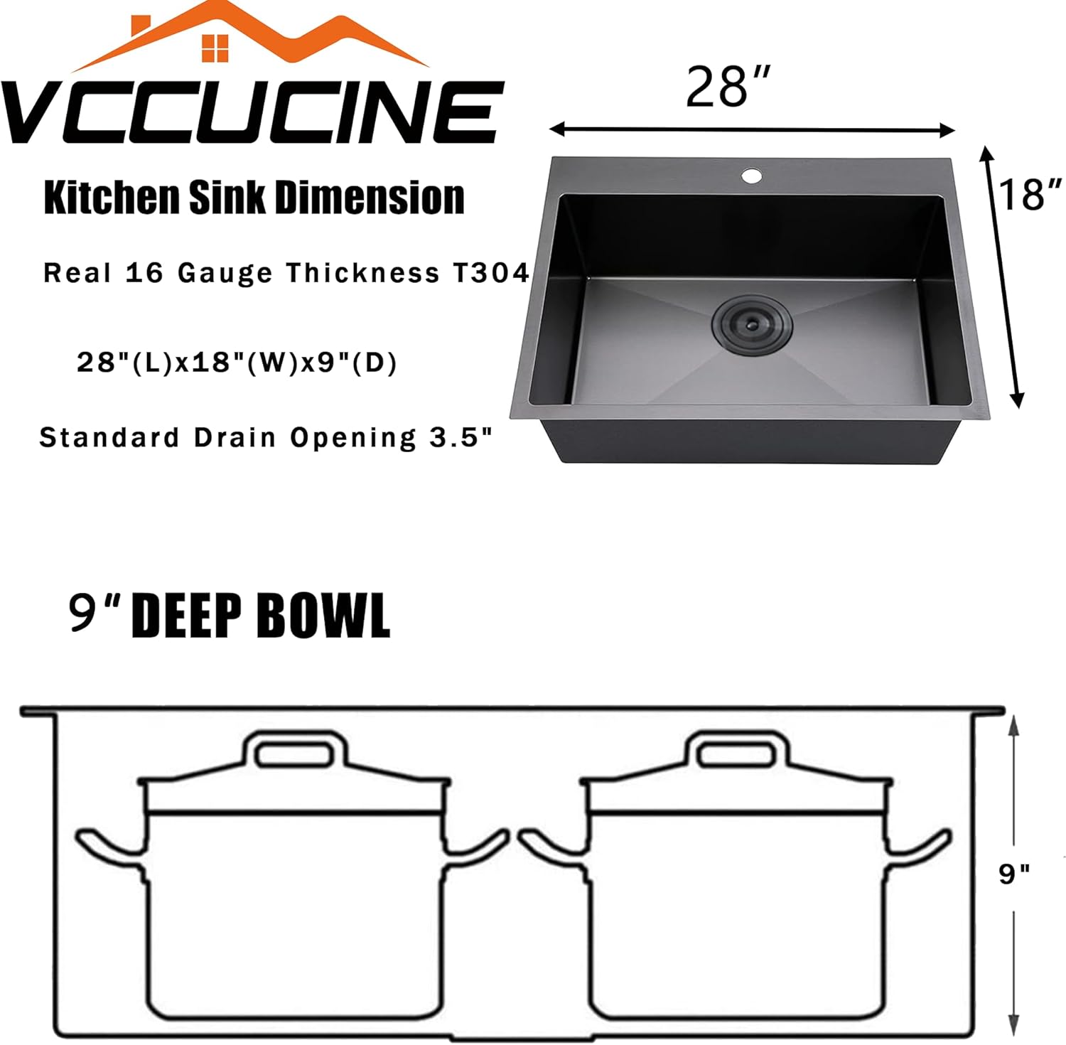 VCCUCINE 28x18 Inch Black Top Mount Drop in Kitchen Sink, Gunmetal Black Modern Square Single Bowl Stainless Steel Basin Topmount Kitchen Sink,16 Gauge Overmount Metal Laundry Sink with Strainer