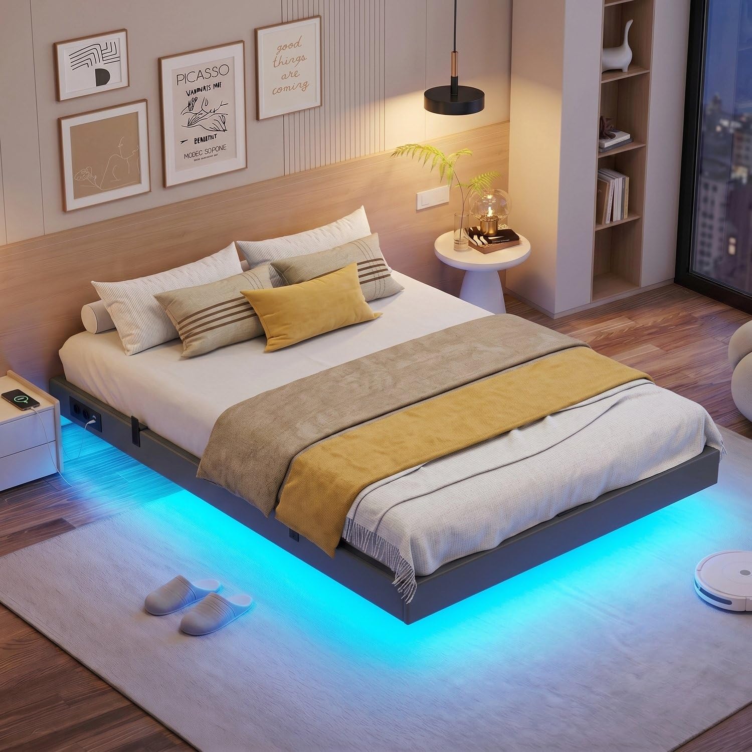 IRONCK Bettgestell 140x200 cm, Schwebender Bett mit LED Beleuchtung, Gepolsterte Seitenwände, 2 AC-Steckdosen, 2 USB-A-Anschluss, 1 USB-C-Anschluss, Metallbett mit Lattenrost Doppelbett, Grau