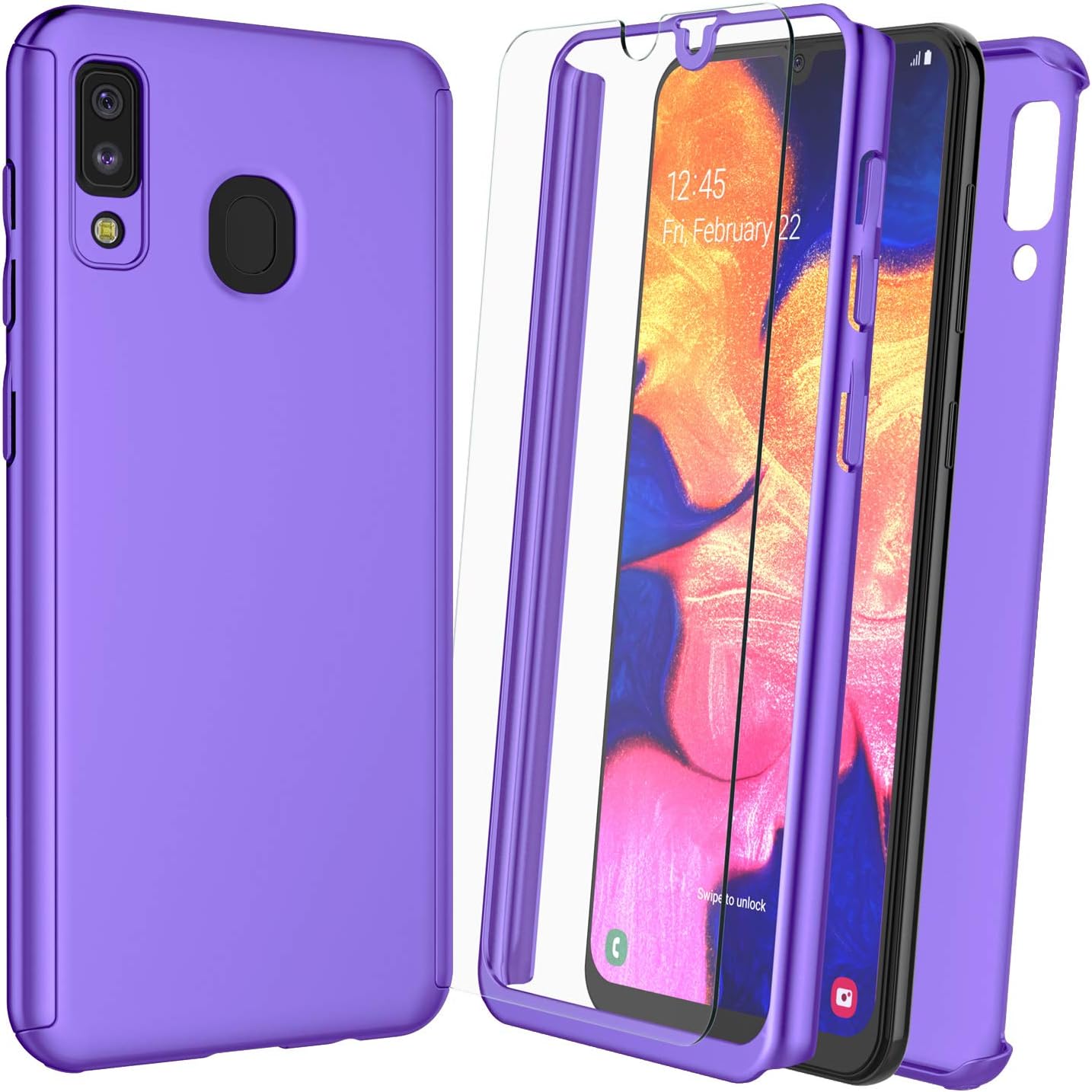NJJEX Case for Samsung Galaxy A20 / A30, for Galaxy A20/A30 Case W/[Tempered Glass Screen Protector], [N360] 360°All-Around Ultra Thin Full Body Dual Layer Hard Slim Phone Cover [Purple]
