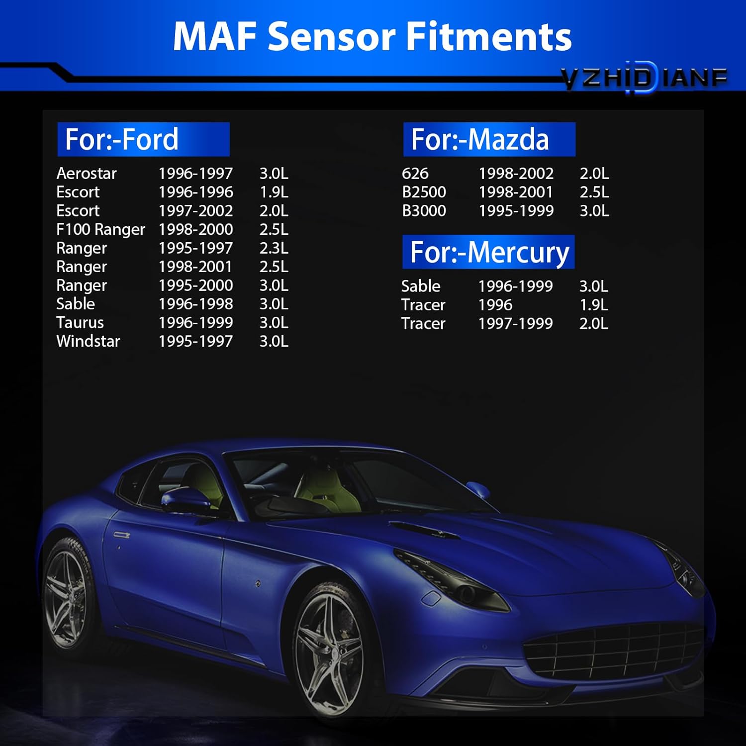 Mass Airflow Sensor F67Z12B579BBRM for:-Ford Ranger Aerostar Escort Sable Taurus Windstar for:-Mazda 626 B2300 B3000 for:-Mercury Tracer 1.9L 2.0L 2.3L 2.5L 3.0L OE# 749526 F67F12B579BA