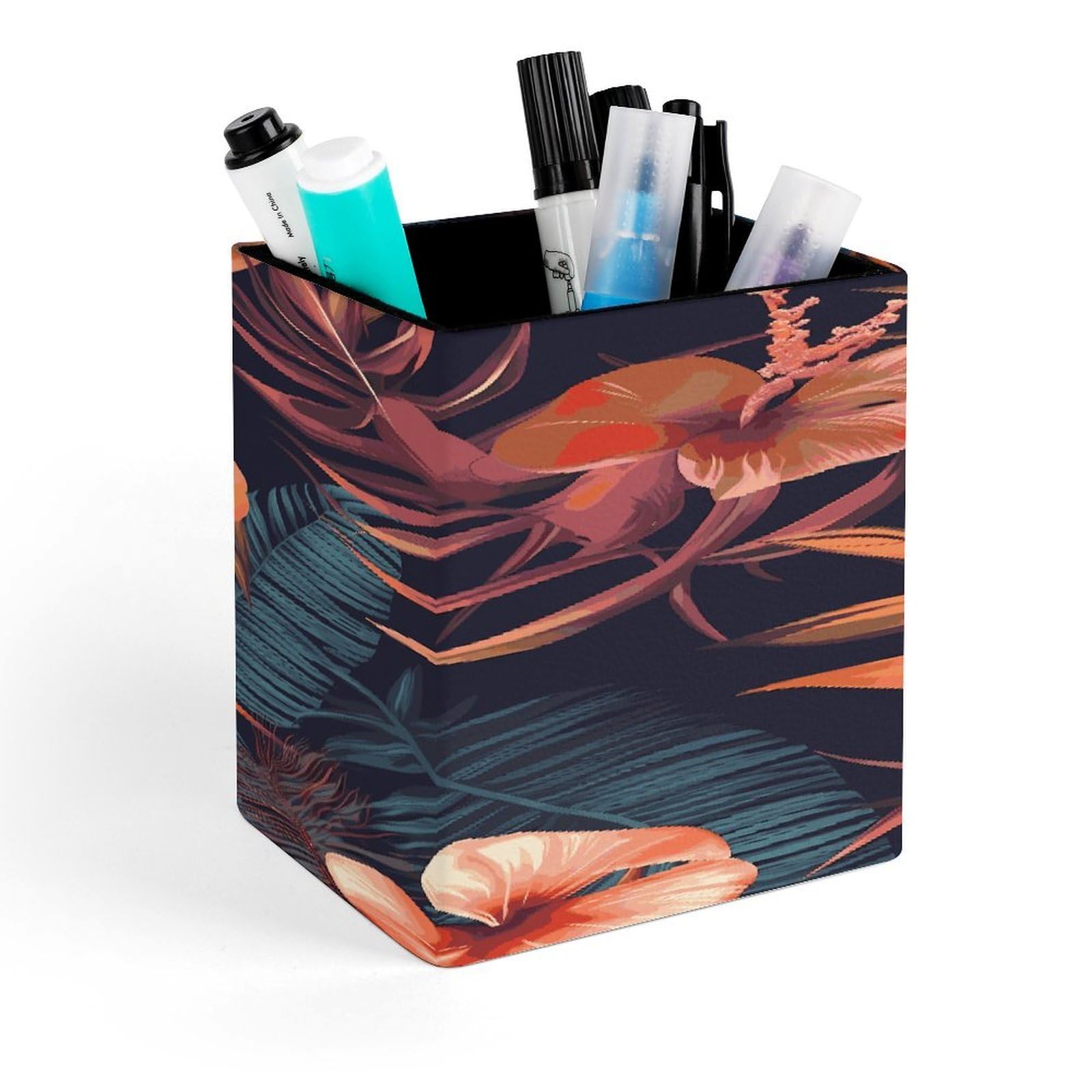 FekiLoot Tropical Flower Pen Holder for Desk Minimalist Leather Pencil Holder Fashion Modern Pencil Cup Decorative Square Pen Cup Locker Organizer for Office Work Locker Accessories