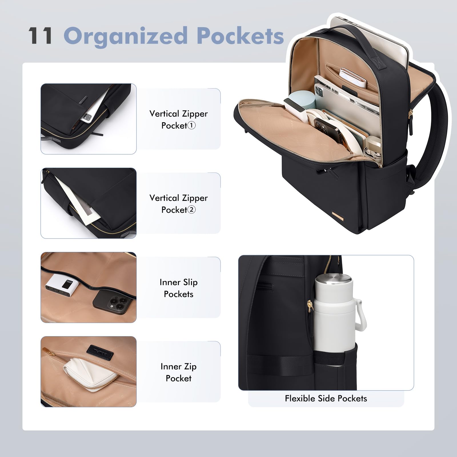 GOLF SUPAGS Mochila de Viaje para Portátil de Mujer de 15,6 Pulgadas, Aprobado por la Compañía Aérea de Mochila de Informal Multifuncional para Trabajo, Universidad y Viajes (Negro)