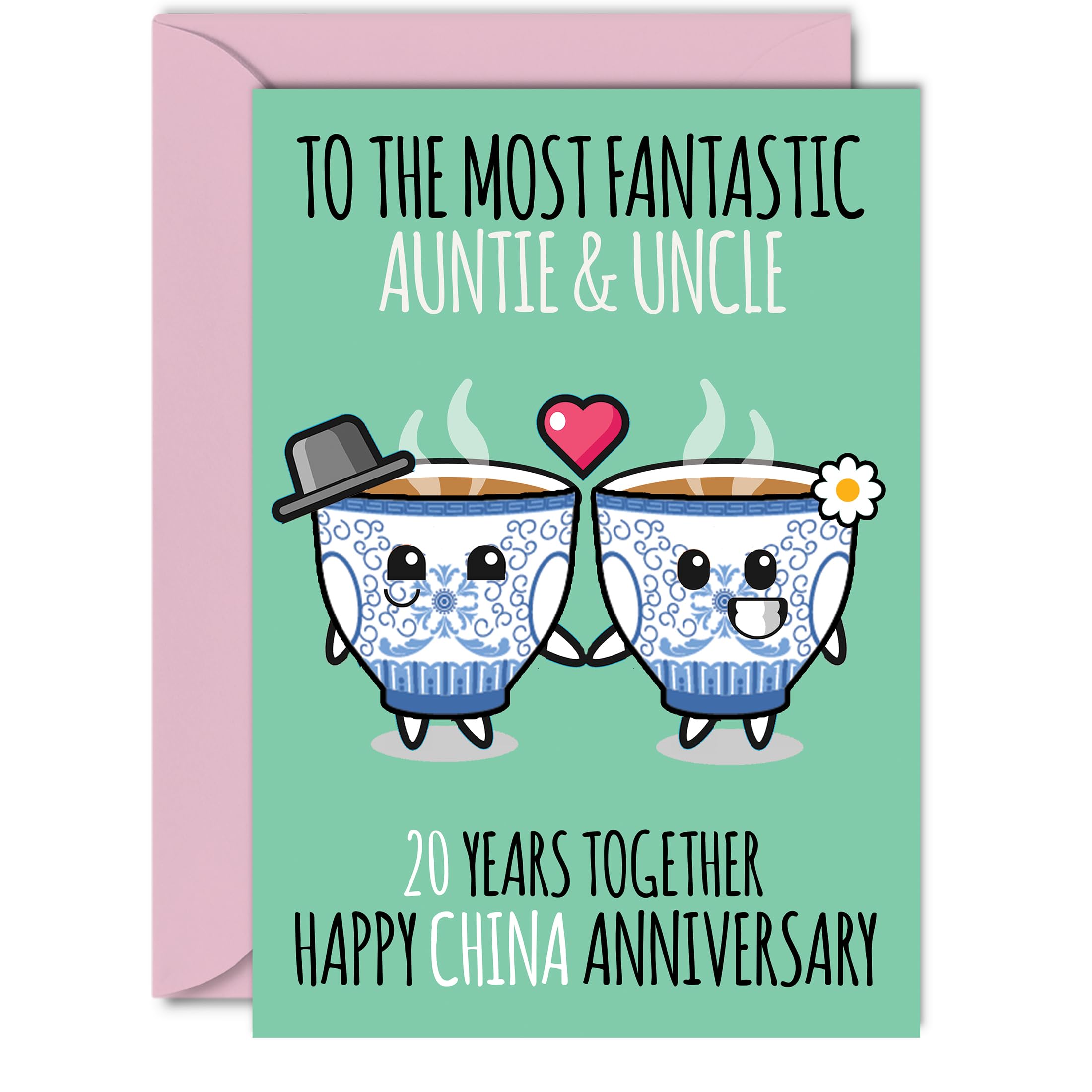 Cute China Anniversary Card for Auntie & Uncle - 20 Years Together - Happy 20th Wedding Anniversary Cards for Uncle Aunt, A5 Greeting Cards Anniversaries