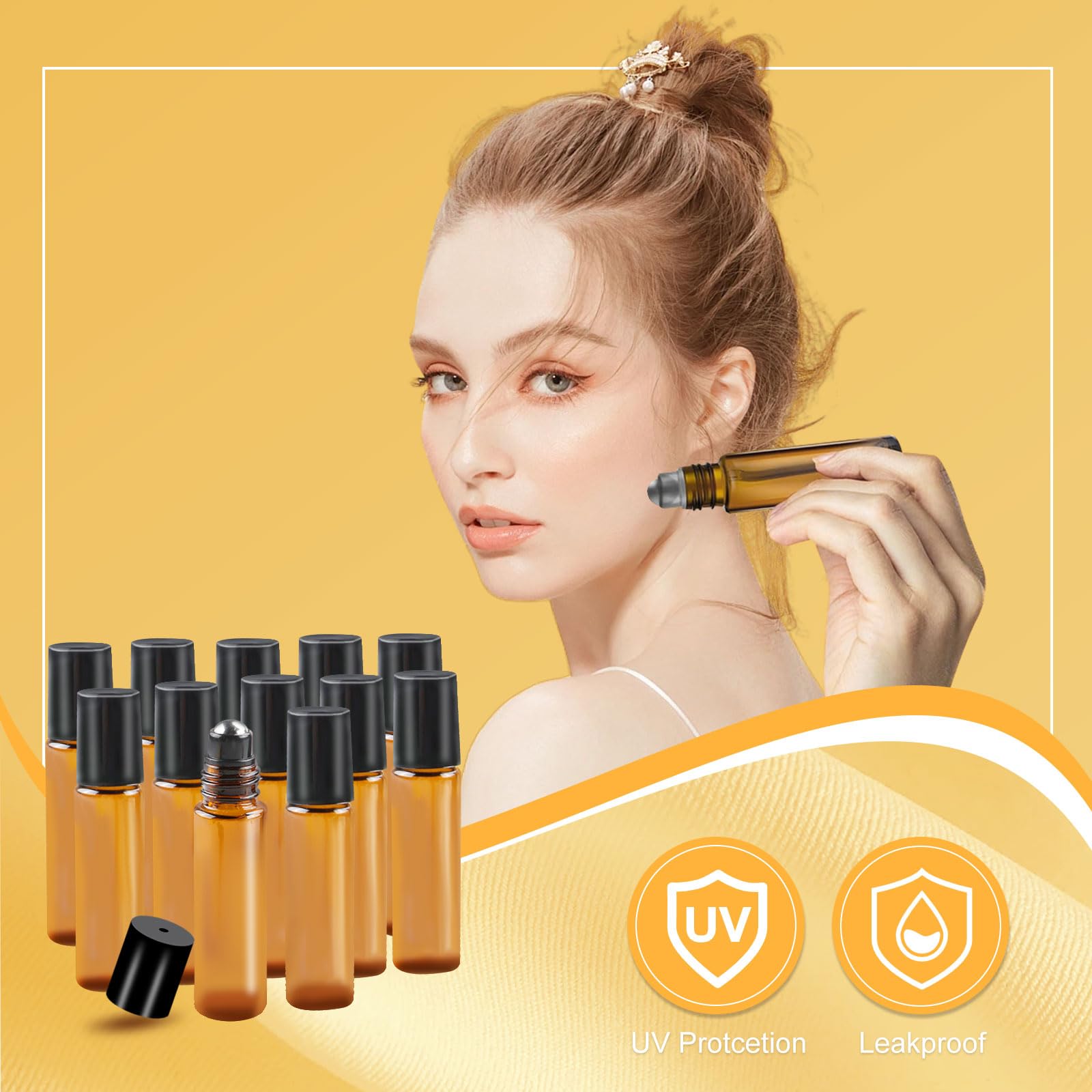 Roll on Aceites Esenciales 10ml, 12 pcs Roll On Rellenable con Roll-on Bola de Acero Inoxidable, Essential Oil Bottle, Marrón Botellas Roll On Cristal para Perfumes, Masajes, Aromaterapia