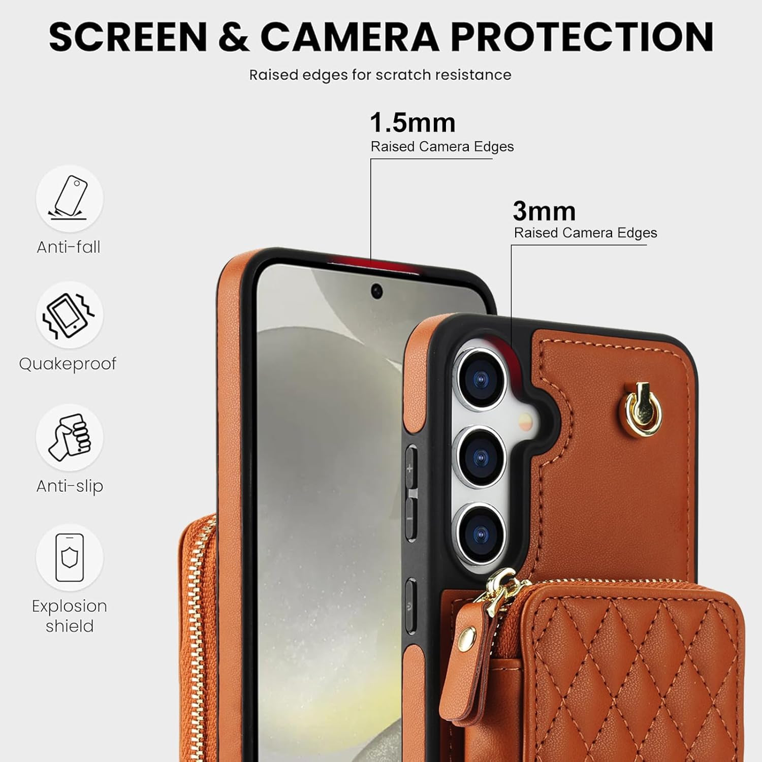 Phone Case for Samsung Galaxy S24 Plus S24+ 5G Wallet Cell Cover with Tempered Glass Screen Protector Wrist Crossbody Strap RFID Blocking Card Holder S24Plus 24S + S 24 24+ SM-S926U Women Girls Brown