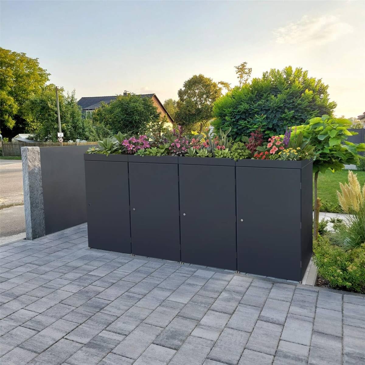 Metzler Mülltonnenbox 4er 240L in Anthrazit mit Pflanzdach | Für 4 Tonnen aus Aluminium rostfrei & abschließbar | Mülltonnenverkleidung außen mit höhenverstellbare Füße | Müllbox für Garten